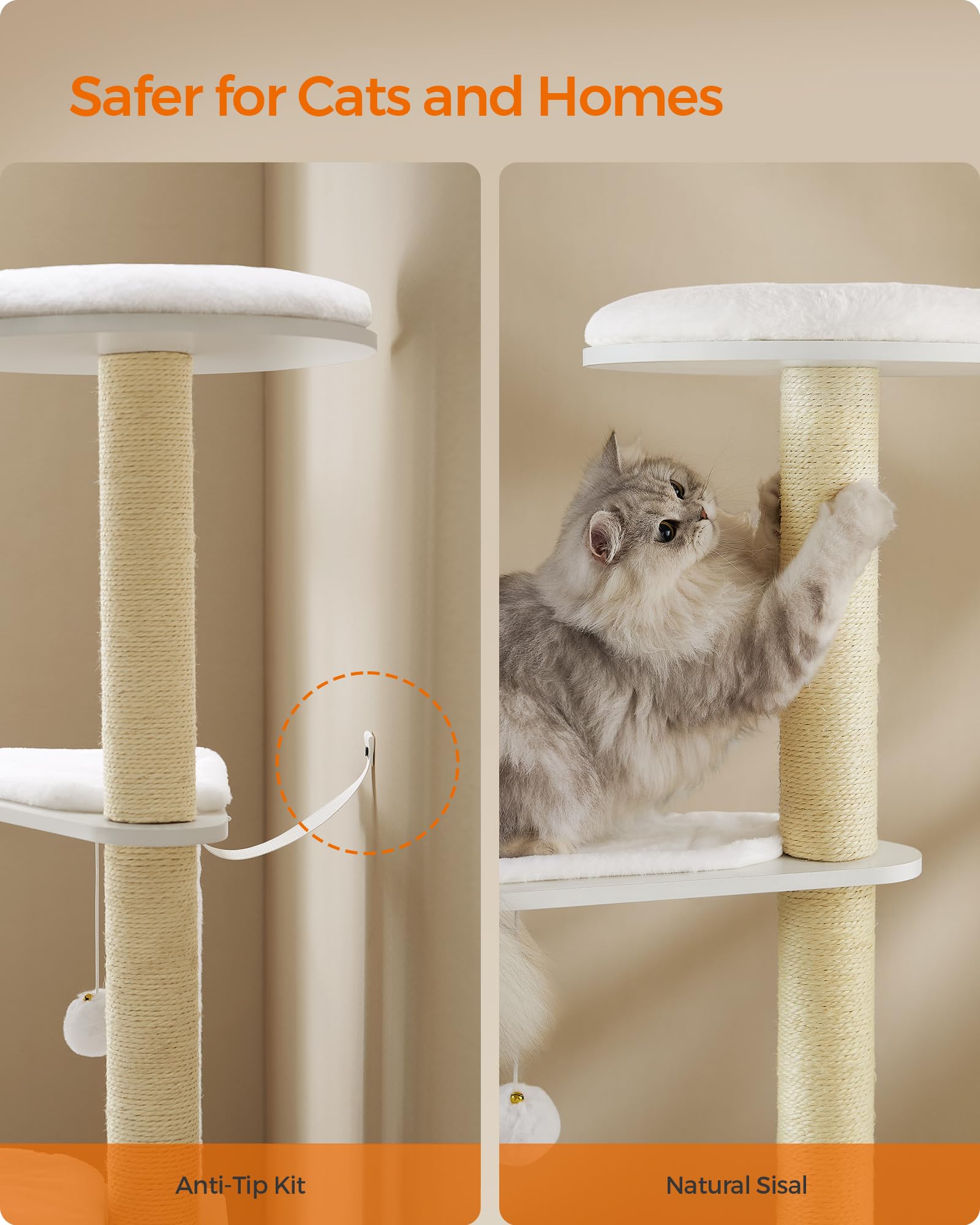 Feandrea Cat Tree, 65-Inch Modern Cat Tower for Indoor Cats, Multi-Level Cat Condo with 5 Scratching Posts, Perch, Washable Removable Cushions, Cat Furniture, Cloud White UPCT166W01