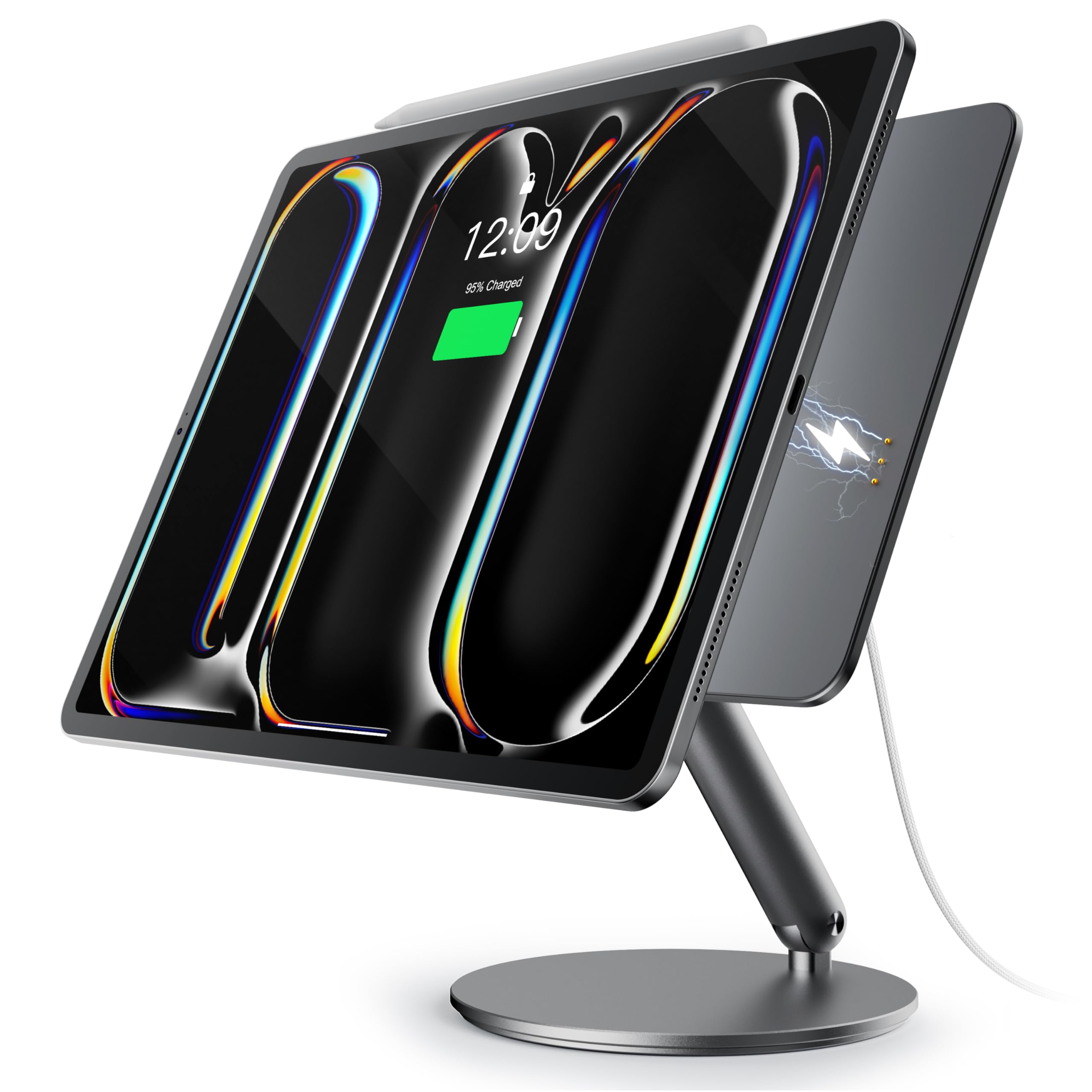 LULULOOK [Upgrade Magnetic Wireless Charging Stand for iPad Air 11" M4 (2026)/M3/M2, Foldable Aluminum Alloy iPad Pro Desk Stand with 360° Rotating Base for Pro 11" 1st/2nd/3rd/4th, Air 10.9 4th/5th