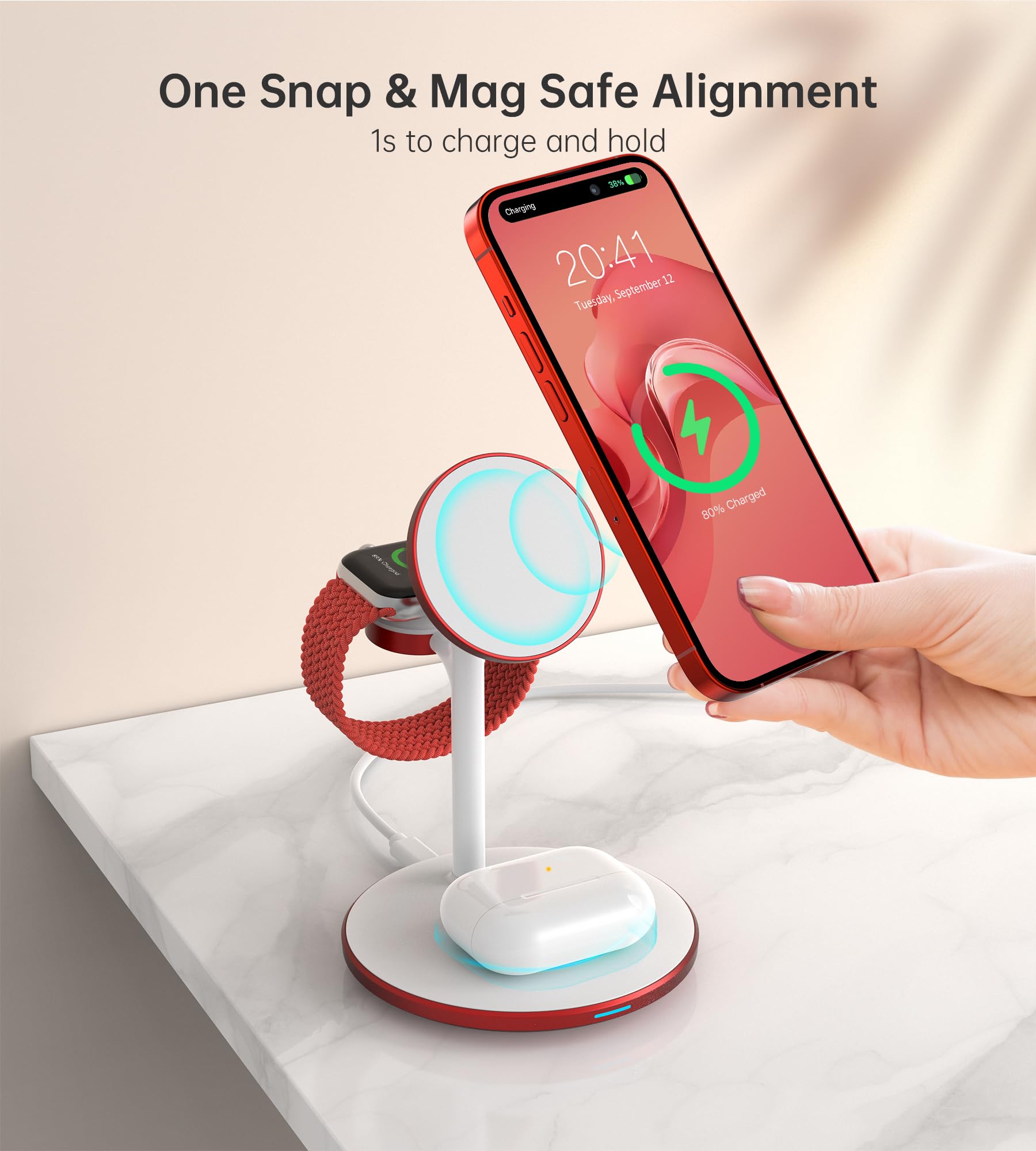 XooFly 3 in 1 Wireless Charging Station for Apple Devices, Fast Wireless Mag-Safe Charger Stand with 20W Adapter for iPhone 17/16 15 14 13 12 Pro Max/Pro/Plus/Air/Mini, iWatch, AirPods (Black)