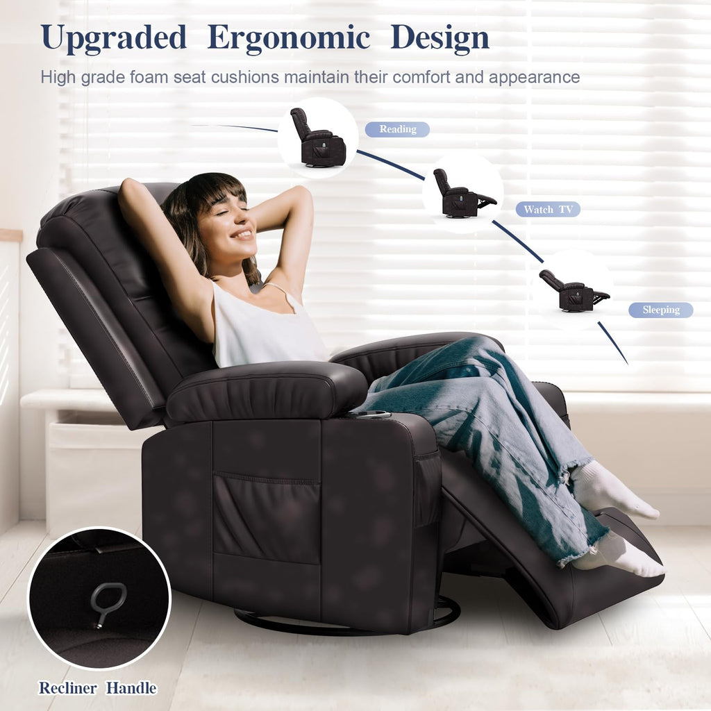 Recliner Chairs for Adults, FSC Certified Massage Reclining Chair with Heated Modern, Ergonomic Lounge Single Reclining Sofa Seat with Cup Holder & Pocket, Living Room Lounge Recliners Black