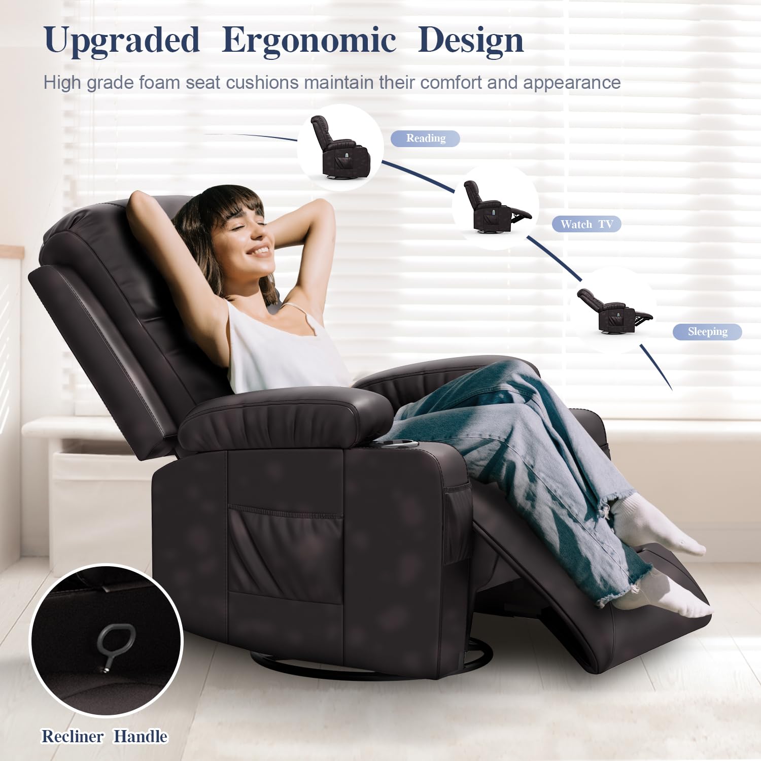 Recliner Chairs for Adults, FSC Certified Massage Reclining Chair with Heated Modern, Ergonomic Lounge Single Reclining Sofa Seat with Cup Holder & Pocket, Living Room Lounge Recliners Black