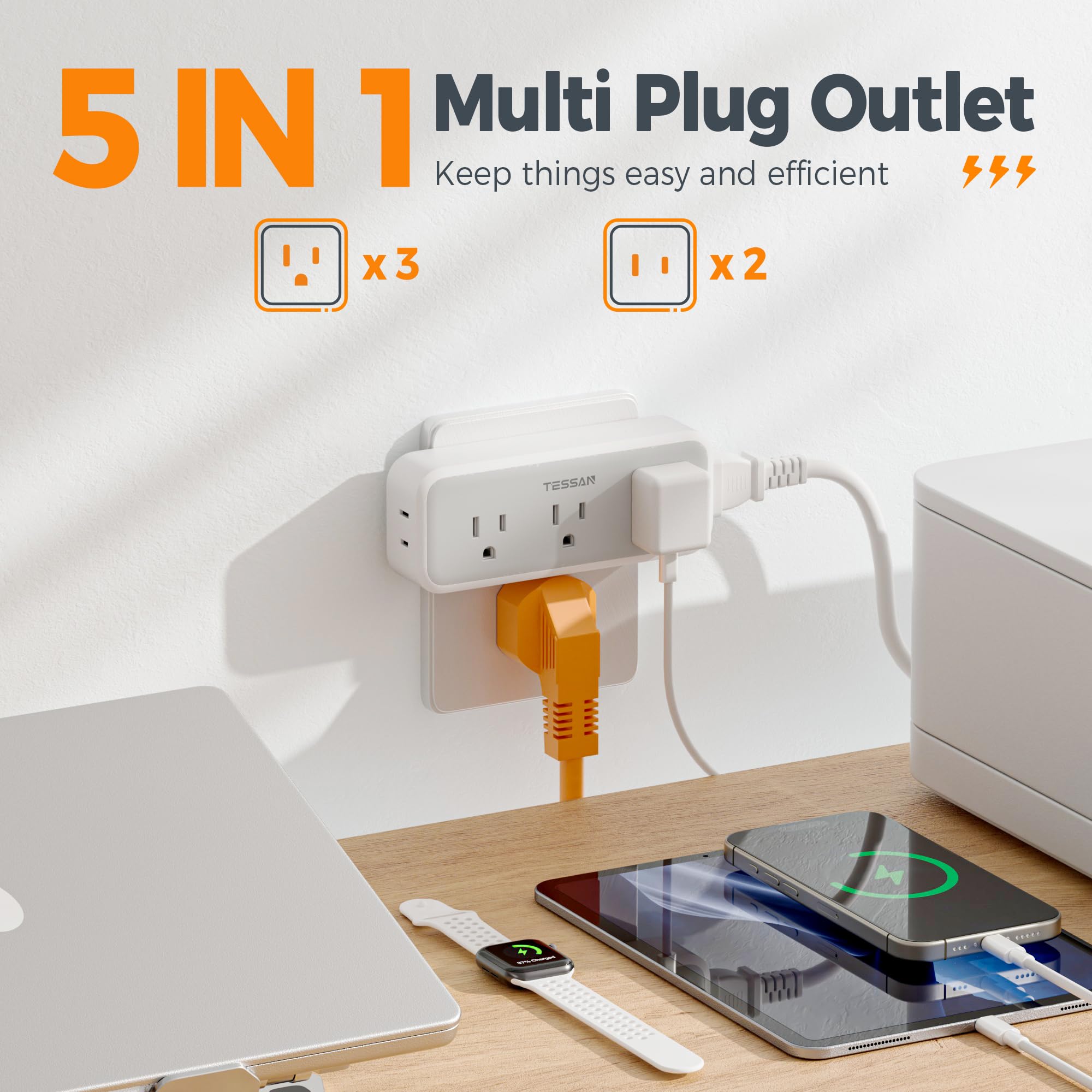Multi Plug Outlet Extender, TESSAN Surge Protector Wall Plug Splitter with 5 Electrical Outlet Expander, Multiple Plug Adapter for Travel Home Office