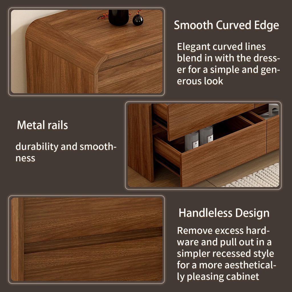 Messenya Modern 6 Drawer Dresser, 47-Inch Wood Chest of Drawers, Curved Anti-Collision Design, Mid-Century Storage Cabinet, Pre-Embedded Slots, for Bedroom, Living Room, TV Stand, Nursery