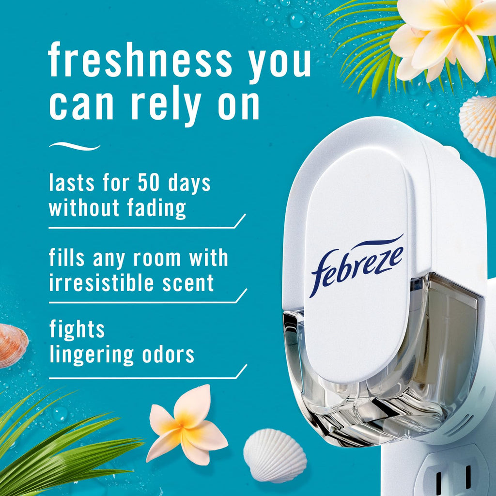 Febreze Plug in Air Freshener, Odor-Fighting Scented Oil Starter Kit, Air Fresheners for Home and Bathroom and Kitchen, Long Lasting for Strong Odors, Ocean Scent, Warmer + 2 Refill