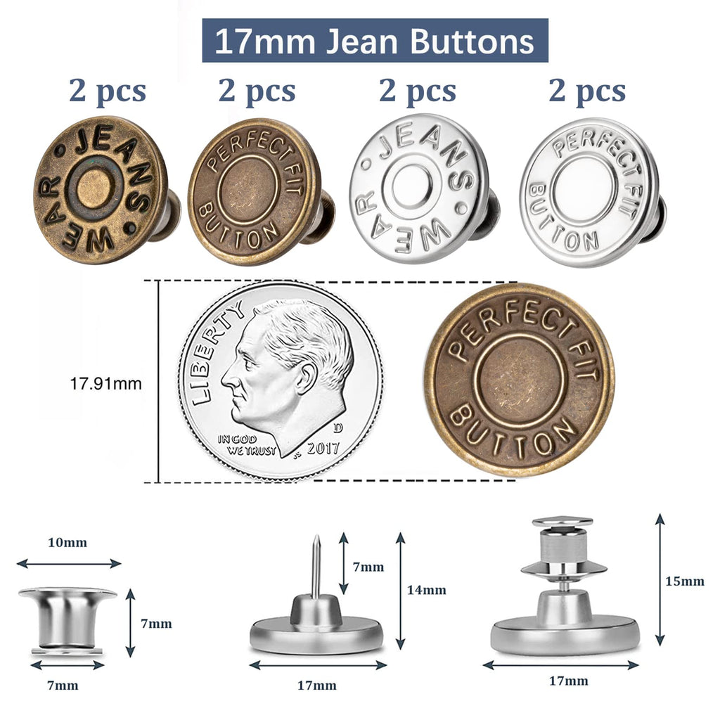 8 Sets of 17 mm Pants Button, Jean Buttons Pins for Loose Jeans, Adjustable Button for Jeans, Reusable and Adjustable Metal Pants Button Tightener