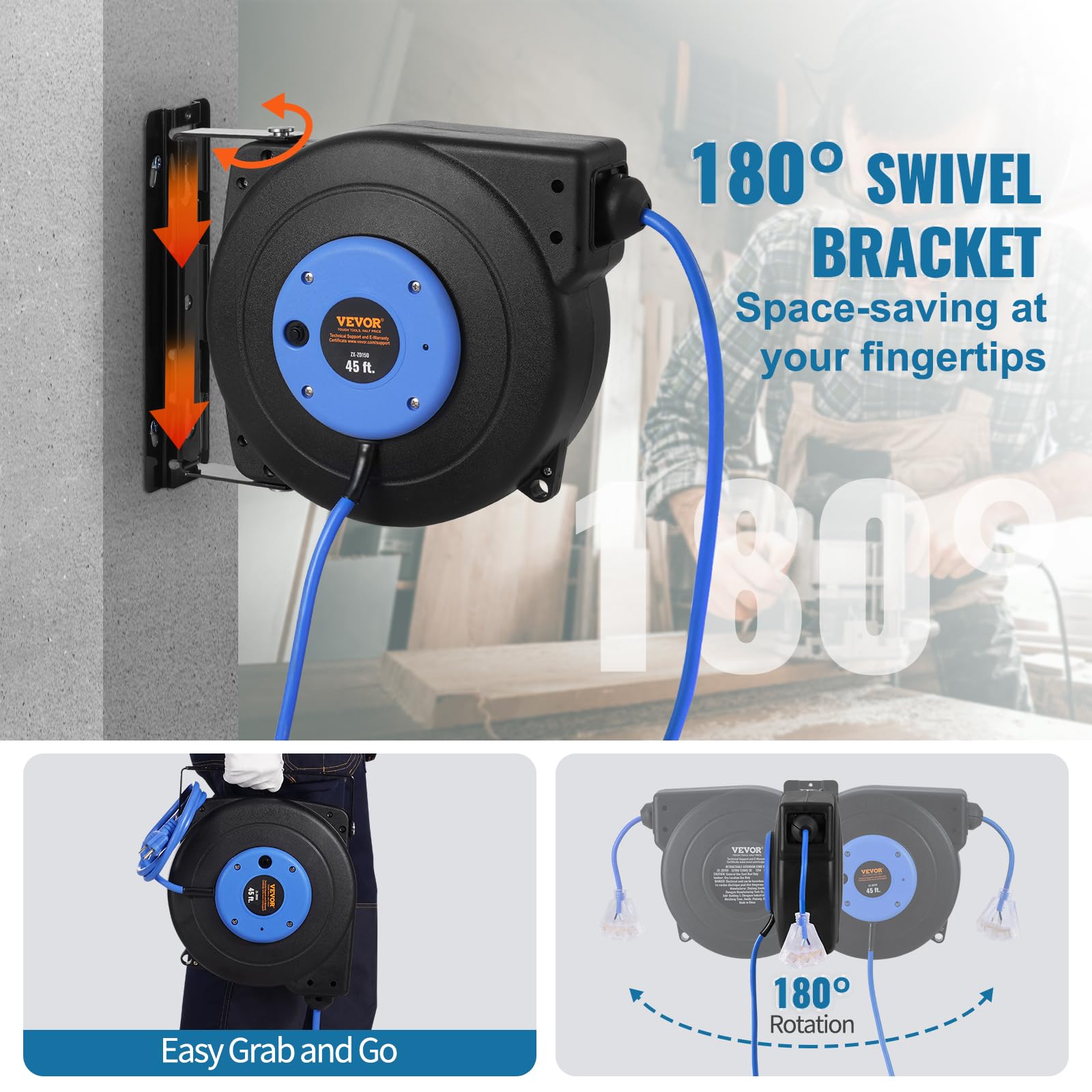 VEVOR Retractable Extension Cord Reel, 30 FT, Heavy Duty 16AWG/3C SJTOW Retractable Power Cord Reel with Lighted Triple Tap Outlet 10 Amp Circuit Breaker 4.5FT Lead-in Cord, for Ceiling or Wall Mount