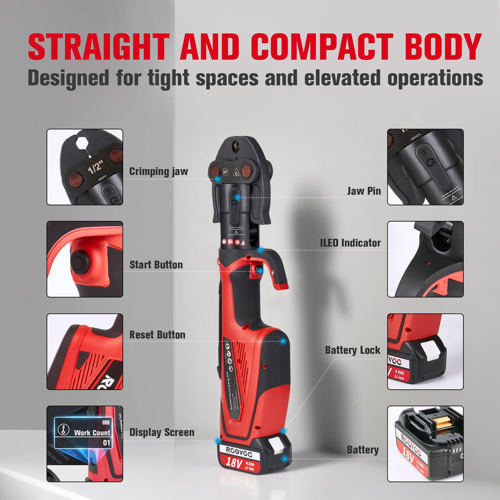Cordless Pro Press Tool, with 3 Pro Press Jaws Tube Crimping Tool Kit for 1/2, 3/4, 1 inches Copper Pipes and Stainless Steel Pipes, 2pcs 4.0 Ah Battery and Charger, Carrying Case Included