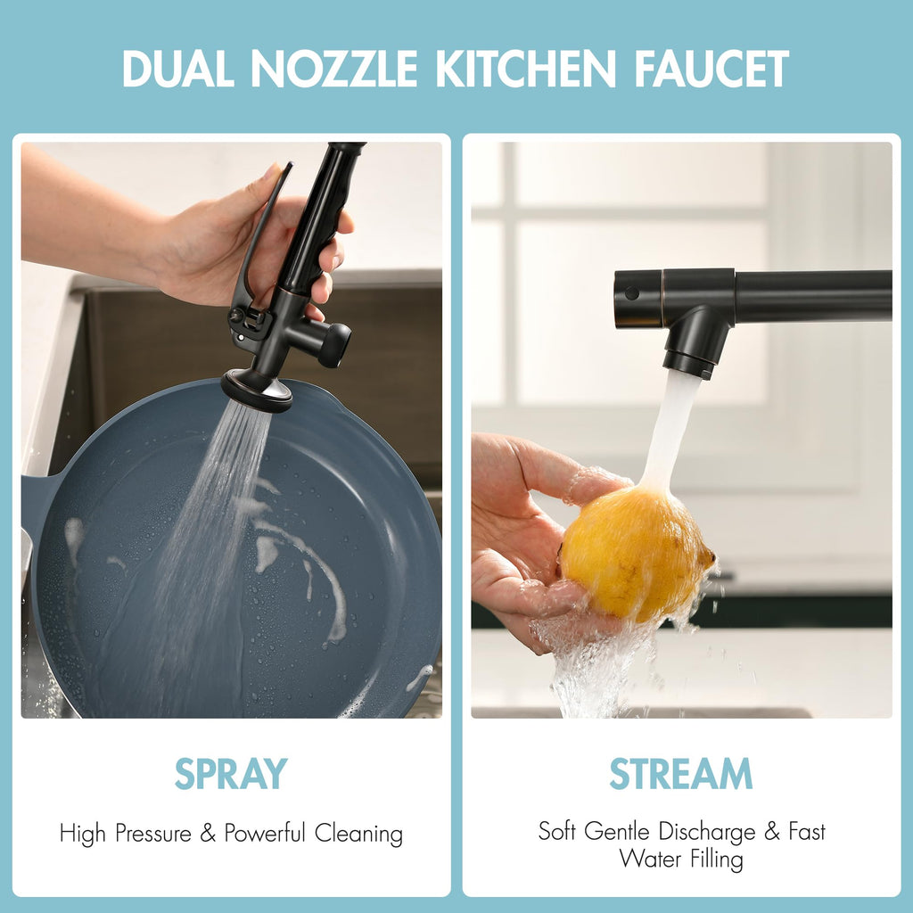 GIMILI Black and Gold Kitchen Faucet with Pull Down Sprayer Single Handle High Pressure Kitchen Sink Faucet Commercial Double-Headed Stainless Steel Kitchen Faucets