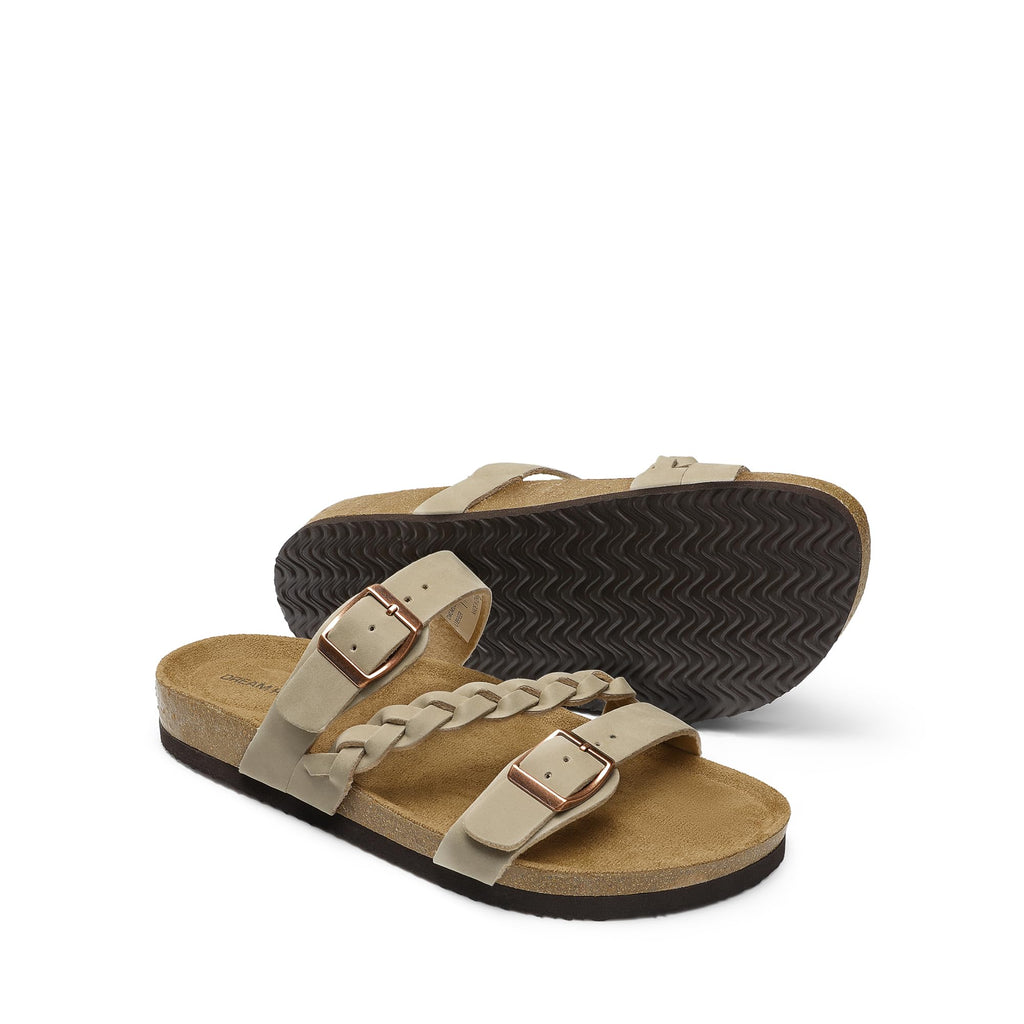 DREAM PAIRS Women's Slides Soft Cork Footbed Sandals Comfortable Walking Slip-on Flat Sandals Arch Support Adjustable Buckle Braided Straps Slippers