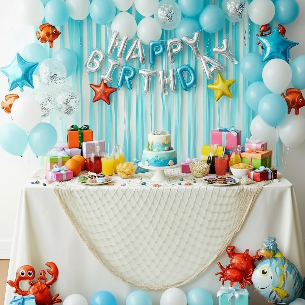 Sukh Fish Net Decorations for Party - 2PCS 39.37 * 78.74 in Fishing Net Decoration Netting for Wall Photo Hanging Nautical Fishnet Table Runner Decorative Ocean Theme Birthday Party Rope Nets