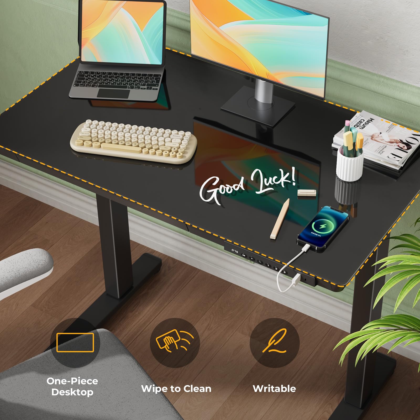 Glass Electric Standing Desk with Drawer, 35" x 20" Whole Piece Tabletop Samll Sit Stand Table, Height Adjustable Workstation with Storage & USB Ports, Quick Install Home Office Desk