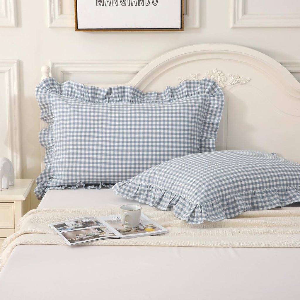 Silnuo Green/White Plaid Ruffled Queen Size Pillow Shams Set of 2,Washed Cotton Shabby Checkered Gingham Farmhouse Bed Pillow Covers 20"x30"