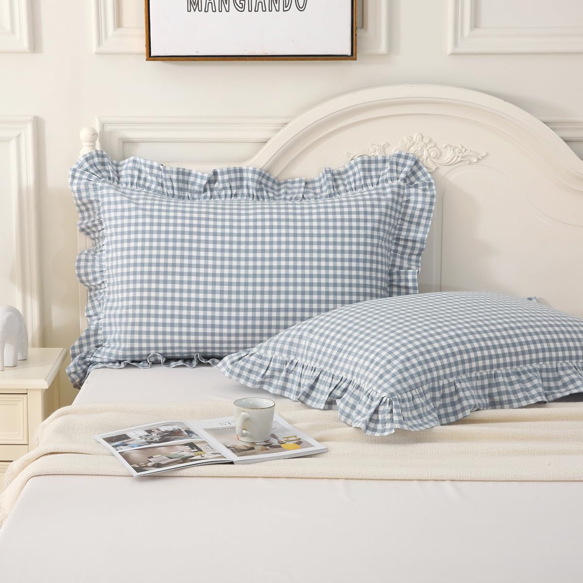 Silnuo Green/White Plaid Ruffled Queen Size Pillow Shams Set of 2,Washed Cotton Shabby Checkered Gingham Farmhouse Bed Pillow Covers 20"x30"