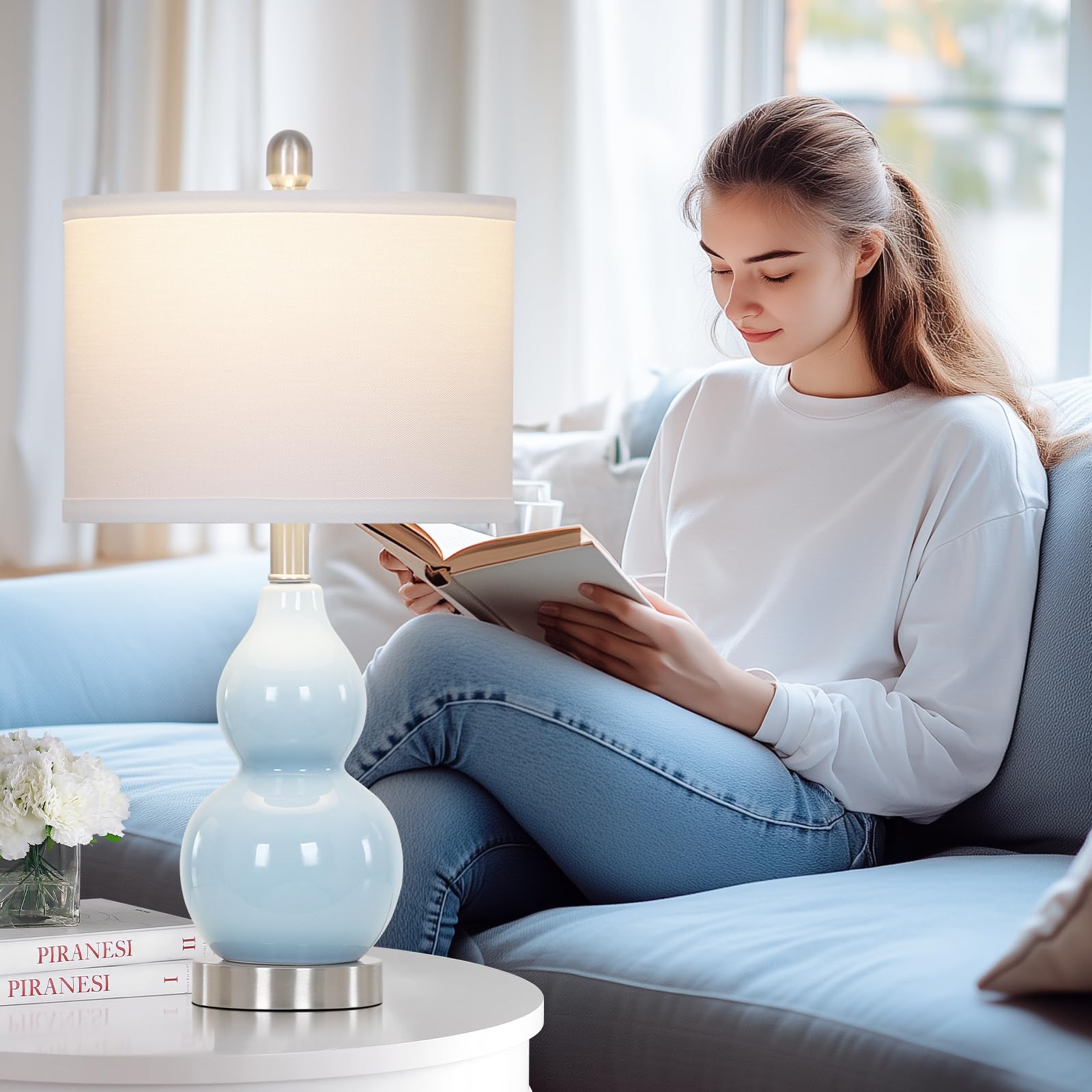 Rinweey Double Gourd Ceramic Table Lamps Set of 2, Modern Blue Bedside Lamps for Night Stand, Contemporary Nightstand Lamps for Bedroom Living Room (Bulb Included)