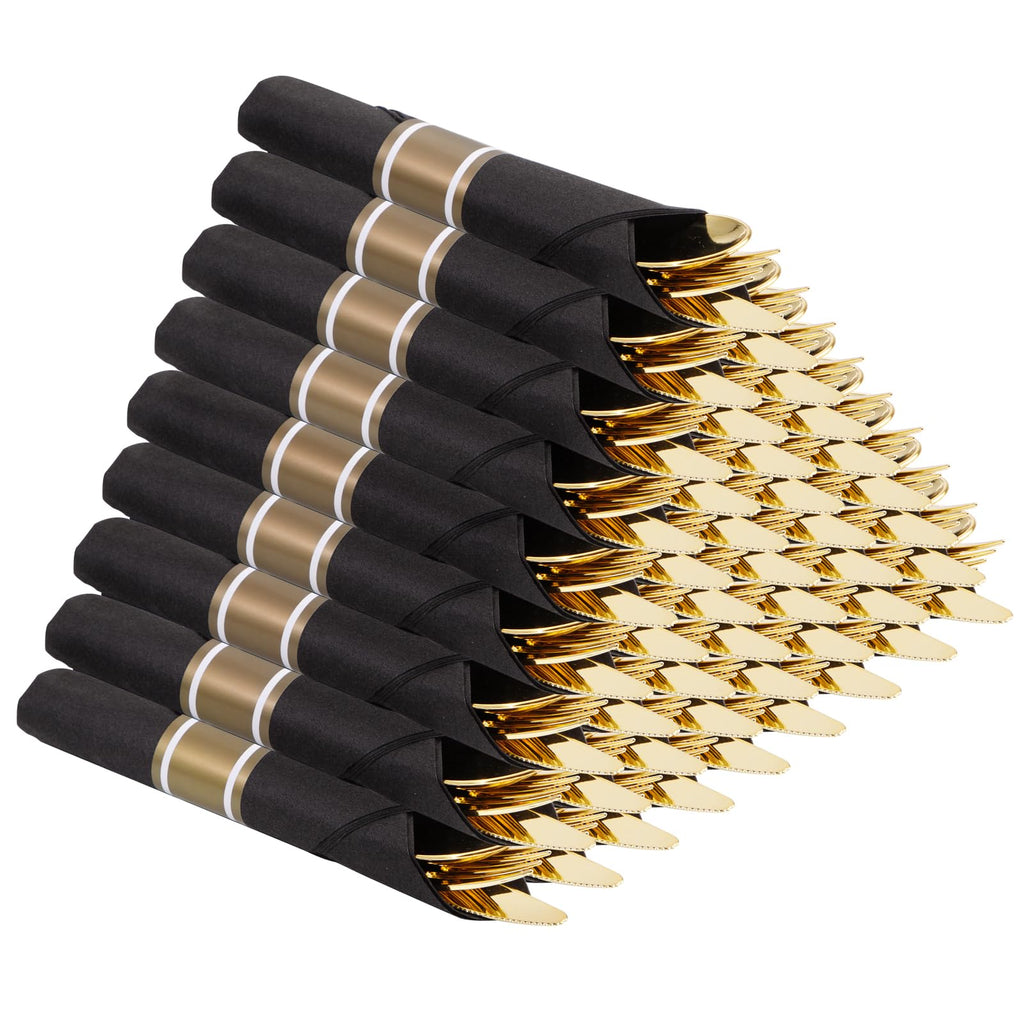 Supernal 60 Pack Pre Rolled Gold Plastic Silverware with Black Napkins - Heavy Duty Pre Wrapped Gold Cutlery Set Disposable - Elegant Plastic Forks, Spoons & Knives for Weddings, Parties, Catering