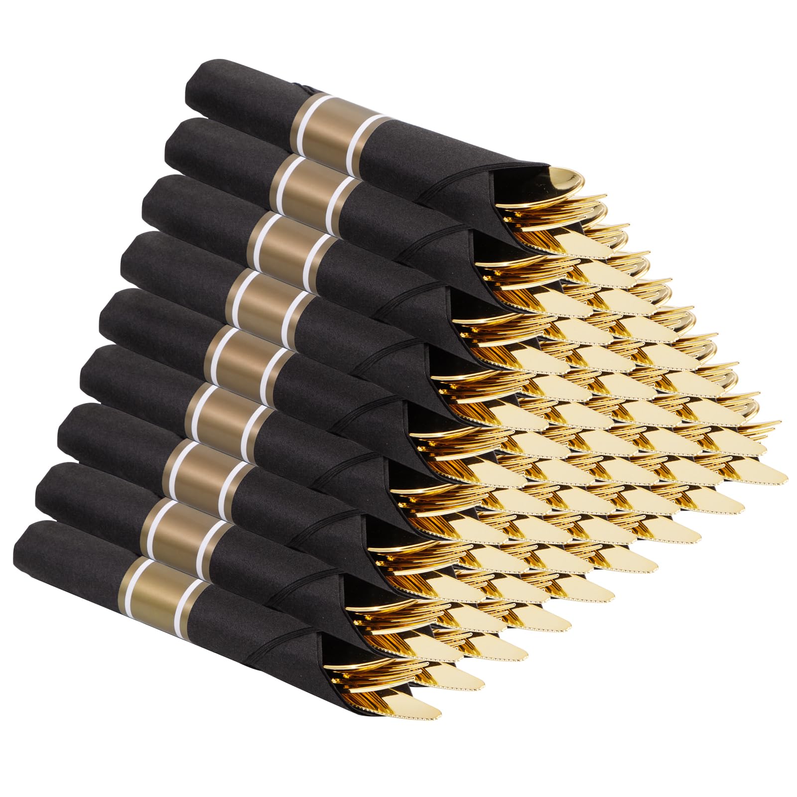 Supernal 60 Pack Pre Rolled Gold Plastic Silverware with Black Napkins - Heavy Duty Pre Wrapped Gold Cutlery Set Disposable - Elegant Plastic Forks, Spoons & Knives for Weddings, Parties, Catering