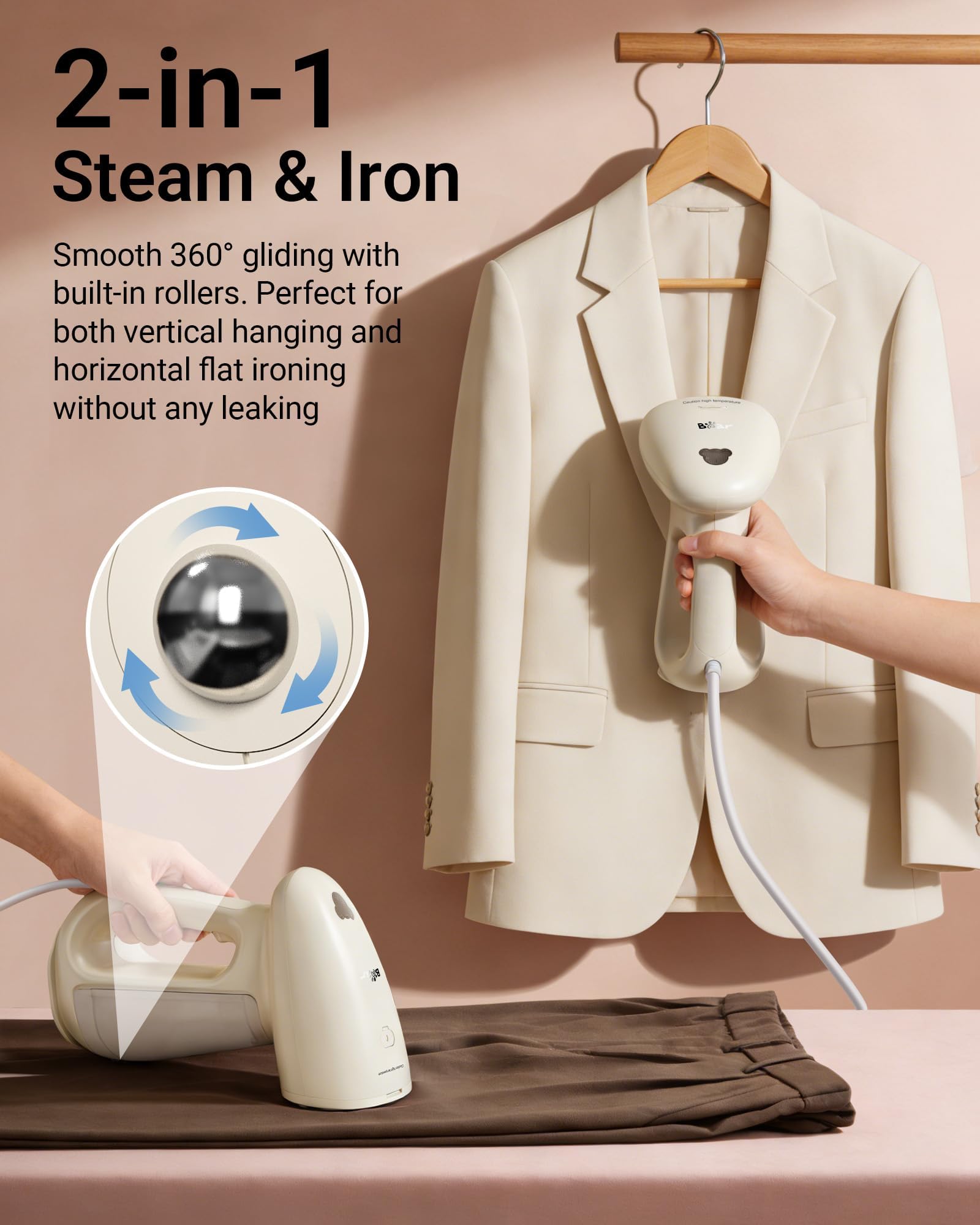 Bear Steamer for Clothes, 1300W 25s Heat-Up Clothes Steamer with 230ml Tank | Essential Oil Compatible,20g/min Steam Rate,Handheld 2-in-1 Steam&Iron,Fabric Wrinkle Remover for Home&Travel,Includes Brush
