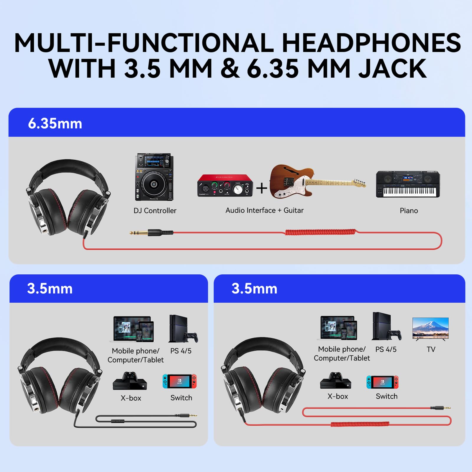 OneOdio Hi-Res Over Ear Headphones for Studio Monitoring and Mixing, Sound Isolation, Protein Leather Earcups, 50mm Driver Unit, Wired Headphones for AMP Guitar Keyboard (Pro-50 Black)