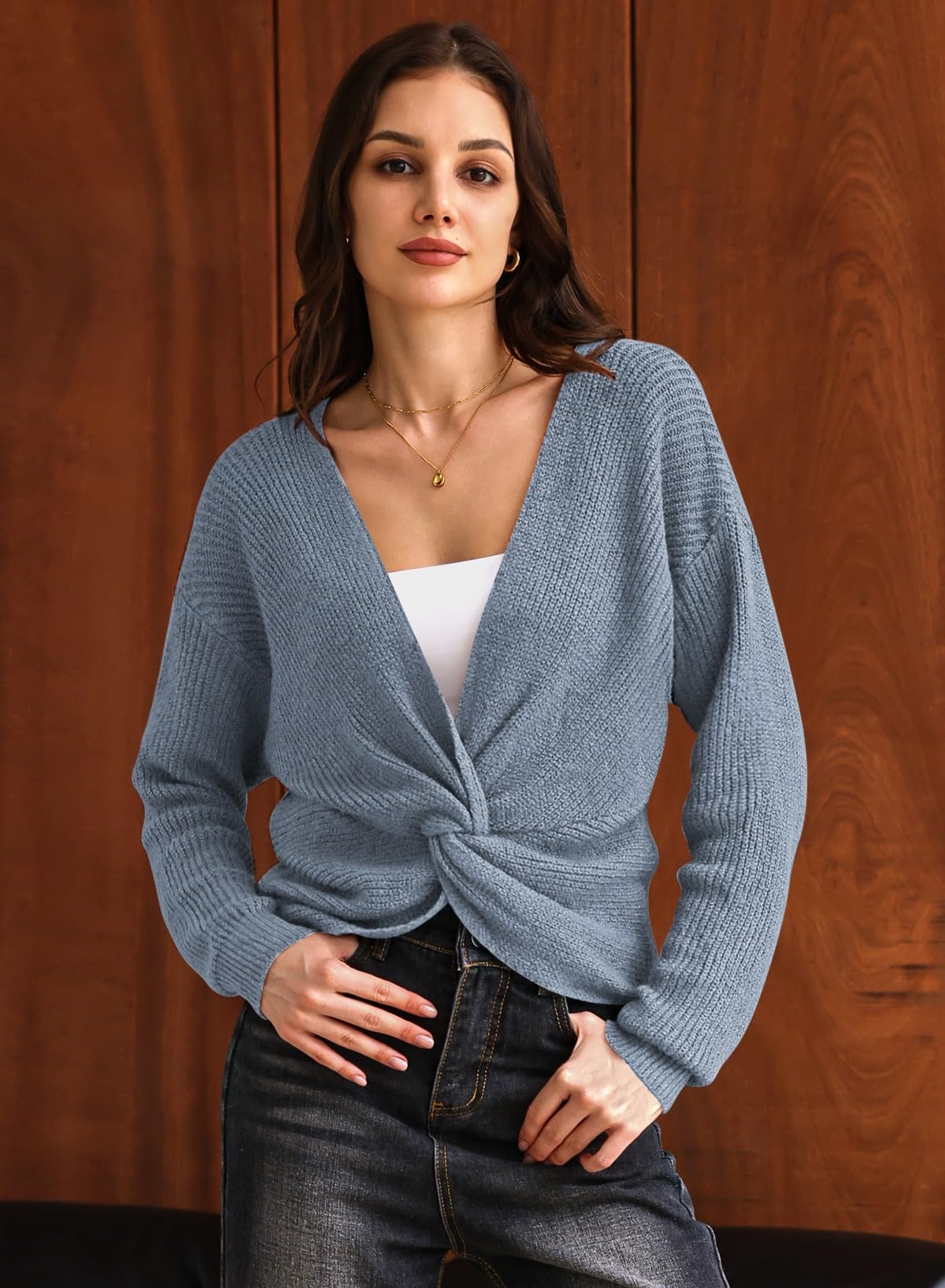 Pink Queen Women's 2026 Twist Knot Cropped Sweater V Neck Long Sleeve Knit Pullover Top Casual Fall Fashion Clothes