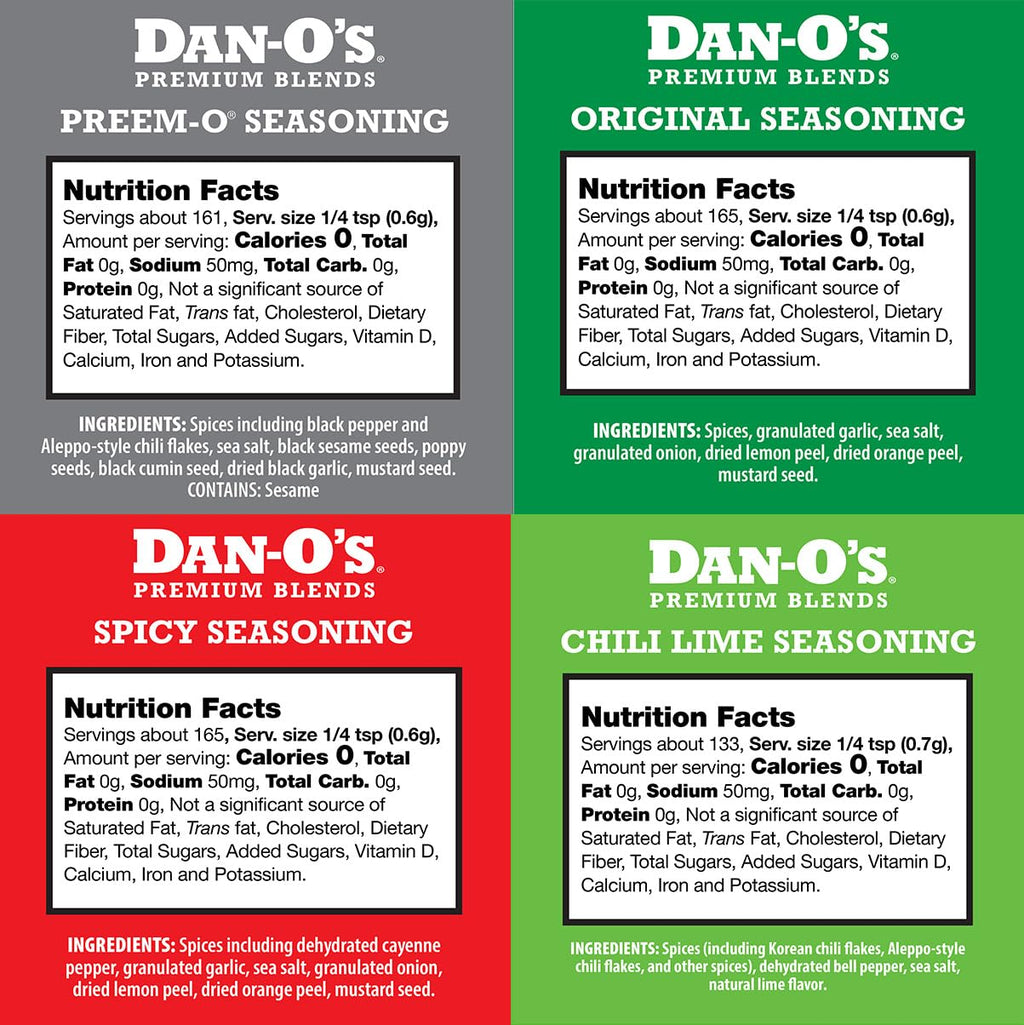 Dan-O's Cheesoning Block Seasoning Set, Small Bottles, 4 Pack, Includes Ranch Cheesoning, Red Pepper Cheesoning, Cheesoning, and Jalapeño Cheesoning Seasonings, Sugar Free, Zero Calorie, Use this Seasoning Kit in Pasta, Toppings or Sauce