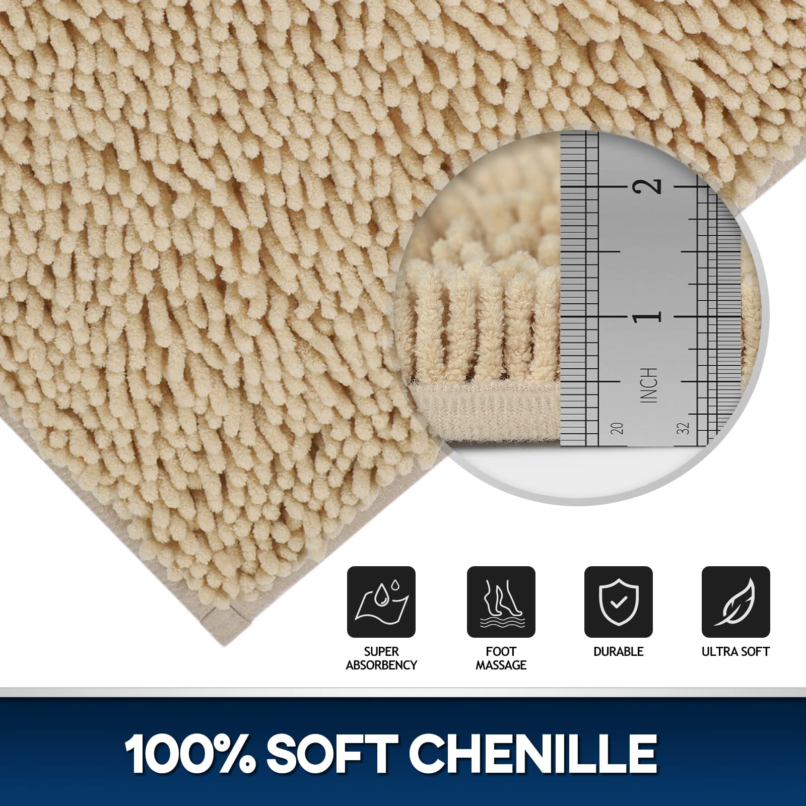 TREETONE Chenille Bath Mat 3 Pieces Bathroom Rugs Set, 20x20 Inches U-Shape Contoured Toilet Mat & 20x32 Inches Rug & Lid Cover,Water Absorbent Plush Rugs for Tub Shower & Bath Room -Beige