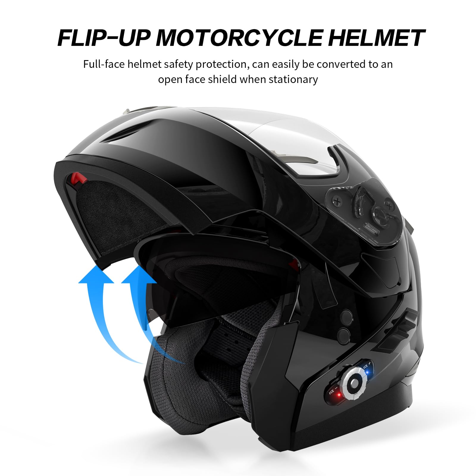 FreedConn BM2-S Bluetooth Motorcycle Helmet, Flip-Up Modular Motorbike Helmet, 500M Connectivity for 2-3 Riders, Voice Dial, Hands-Free Call, MP3, FM, DOT Certified (Medium, Gloss Black)