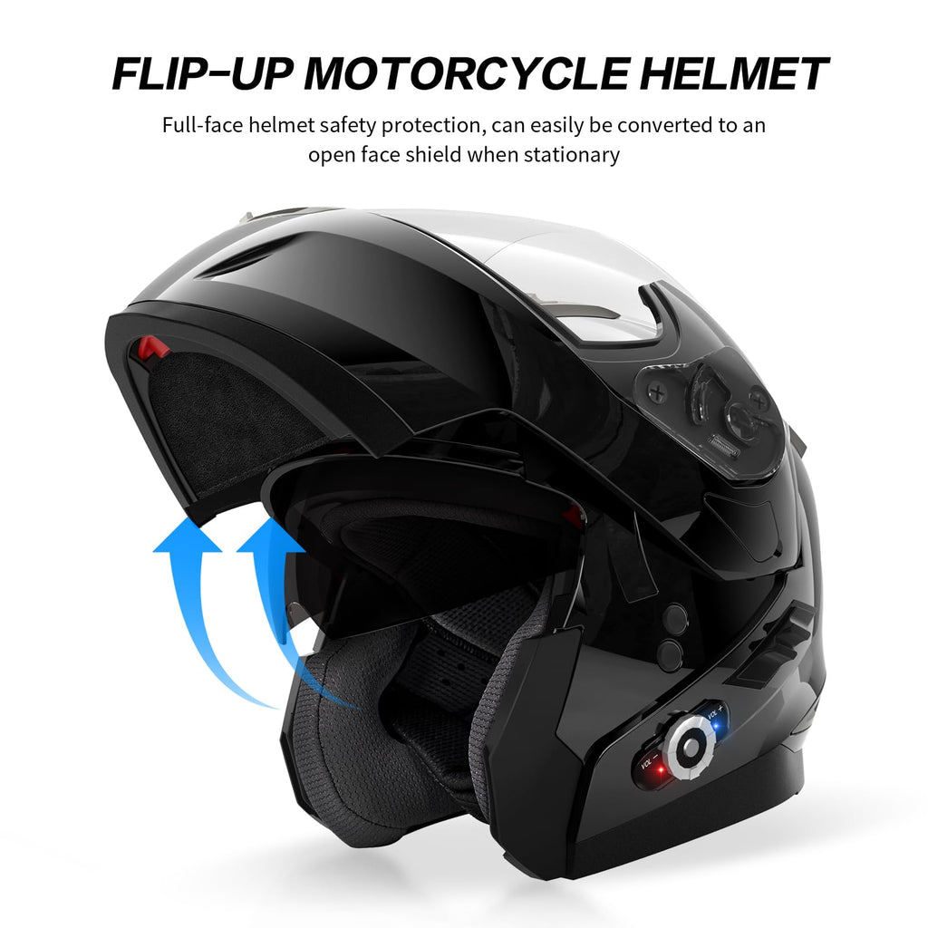 FreedConn BM2-S Bluetooth Motorcycle Helmet, Flip-Up Modular Motorbike Helmet, 500M Connectivity for 2-3 Riders, Voice Dial, Hands-Free Call, MP3, FM, DOT Certified (Medium, Gloss Black)