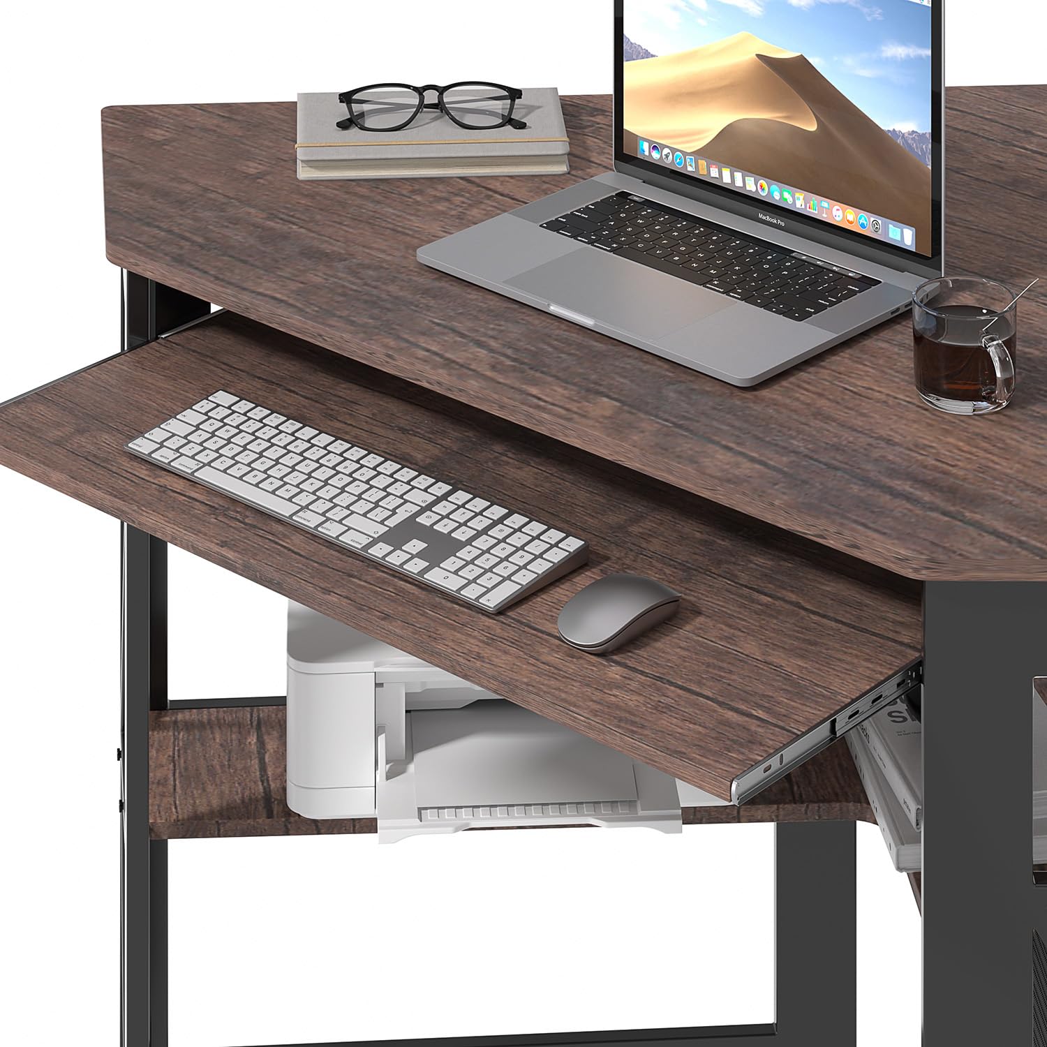 VECELO Corner Desk Computer Desk Writing Table with Smooth Keyboard Tray & Storage Shelves,Compact Home Office Triangle Table,Antique Brown