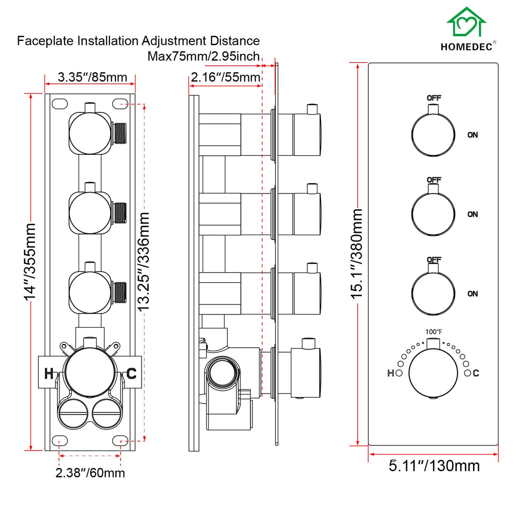 HOMEDEC 2 Way Shower Diverter Valve Brass Dual Functions Thermostatic Shower Mixing Valve Kit 3 Handle Flow Control Valve, 3/4 Inch Inlet, Can Use All Options At a Time, Matte Black