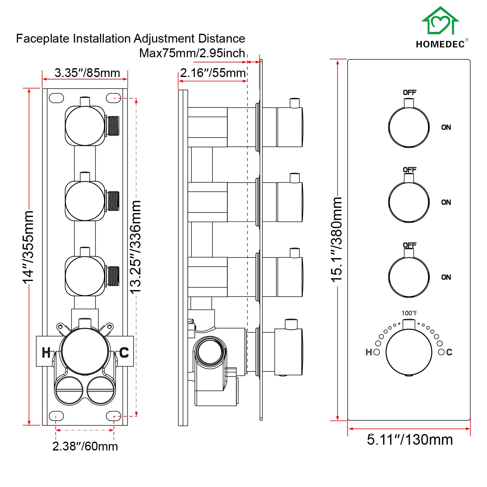 HOMEDEC 2 Way Shower Diverter Valve Brass Dual Functions Thermostatic Shower Mixing Valve Kit 3 Handle Flow Control Valve, 3/4 Inch Inlet, Can Use All Options At a Time, Matte Black