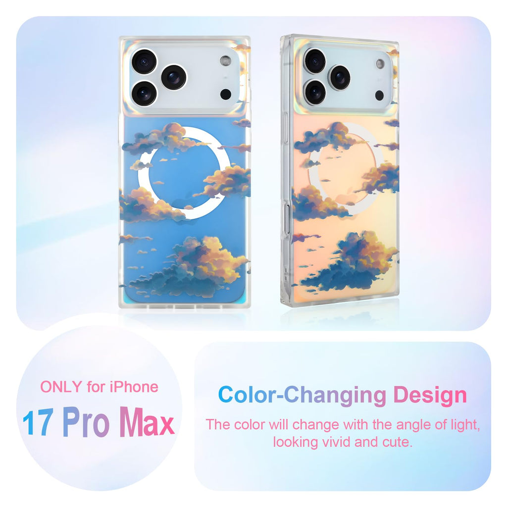 Cute Case for iPhone 13 Pro Case for Women Girls with Iridescent Cloud Pattern Design, Aesthetic Trendy Girly Matte Glitter Sparkly Rainbow Rectangle Protective Phone Cover, Sun Set Sky