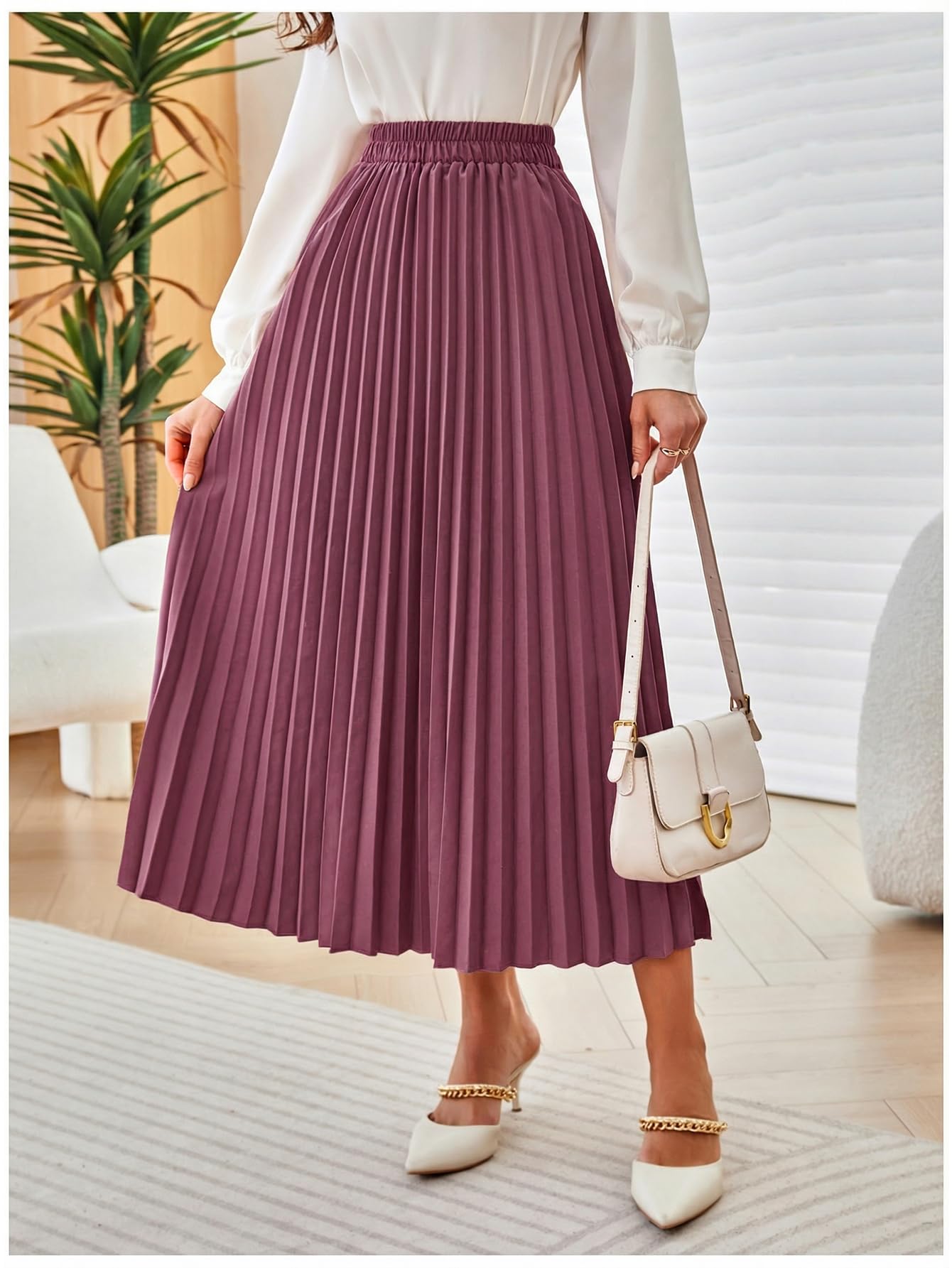 SweatyRocks Women's Casual Solid Longline Pleated Long Skirt