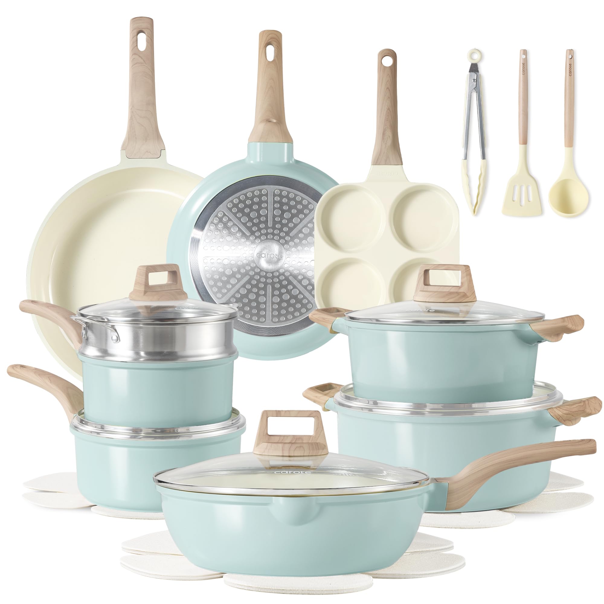CAROTE 21pcs Pots and Pans Set Nonstick, Cookware Set Black Induction Kitchen Cooking Set w/Frying Pans & Saucepans(PFOS, PFOA Free)