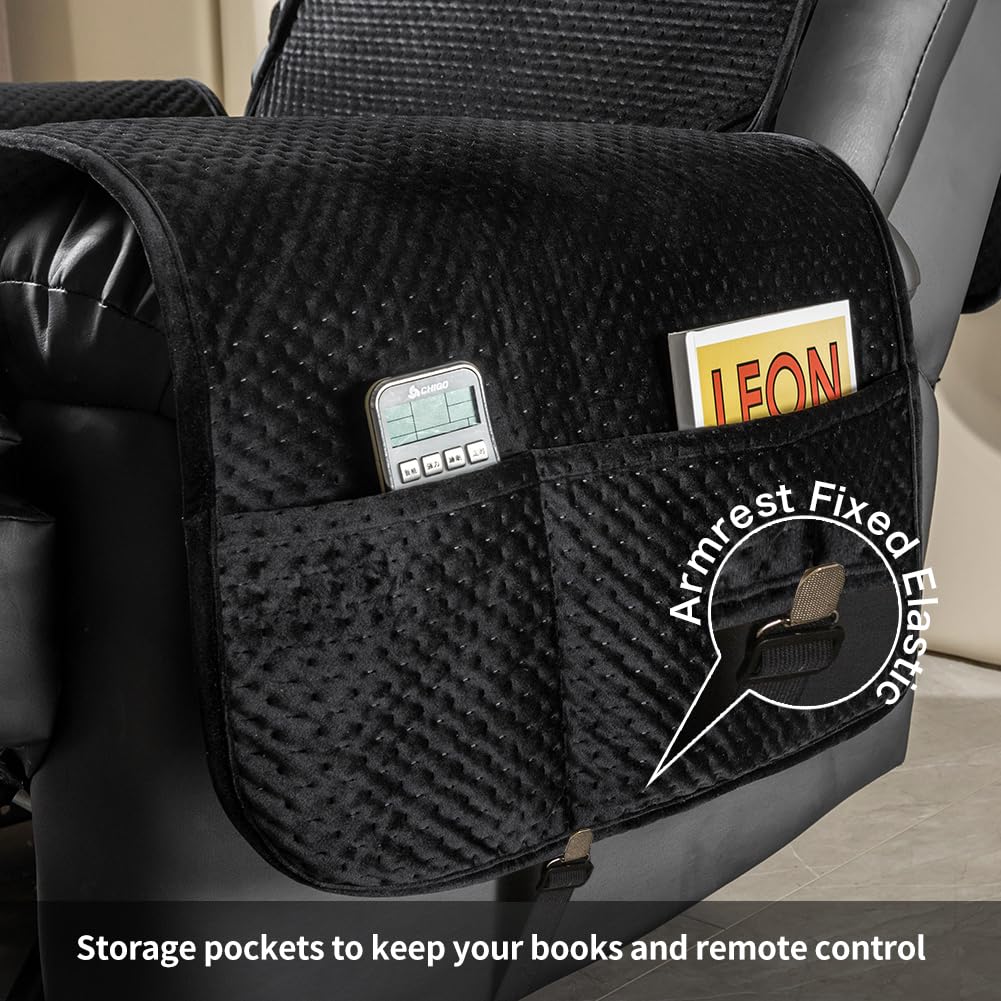 STONECREST Recliner Chair Cover, Water Resistant Velvet Quilted Slipcover, Stay in Place (Black/Grey, Recliner 23" Regular)