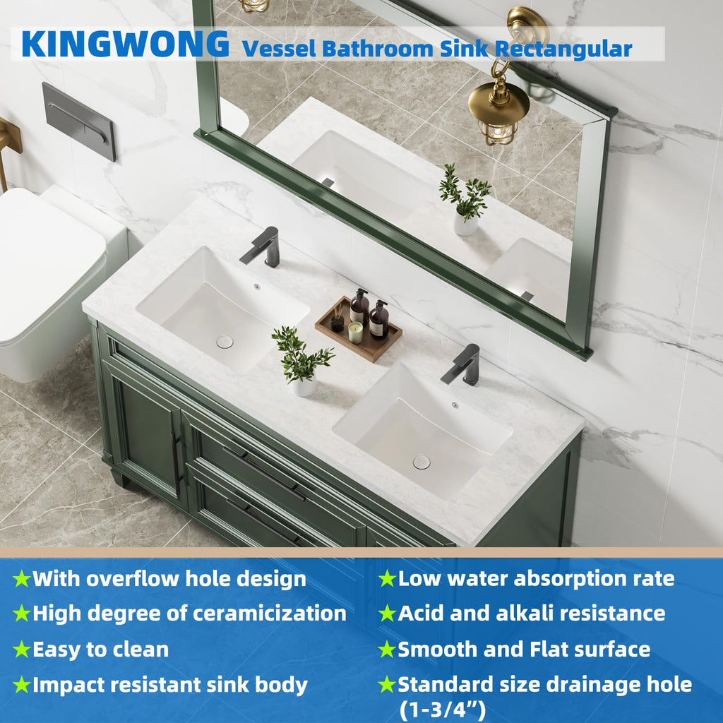 KINGWONG 14 Inch Small Square Undermount Bathroom Sink, 13.75" Ceramic White Porcelain Under Counter Basin for Vanity, Modern Rectangular Sink with Overflow Hole, Easy to Clean, Interior 11.5" x 11.5"