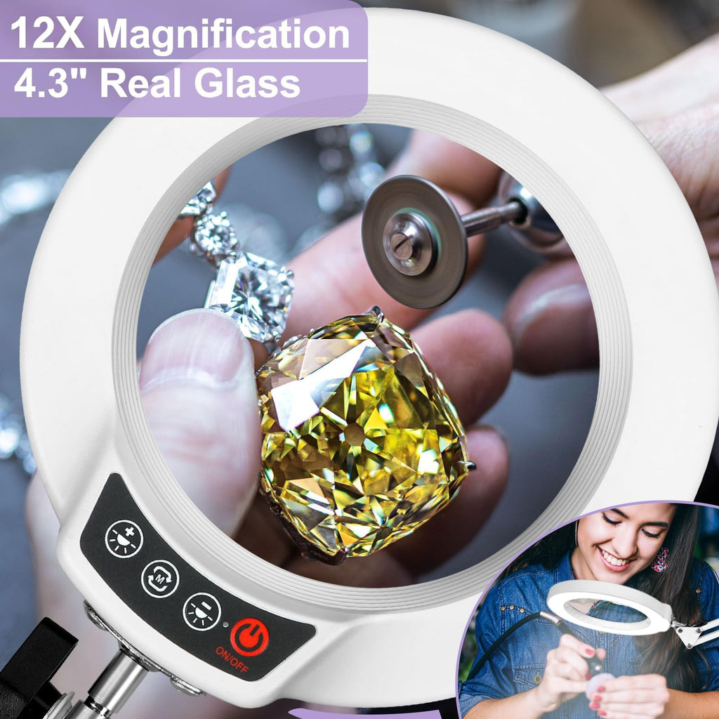 12X Magnifying Glass with Light and Stand, Real Glass, 5 Color Modes, Brightness Stepless Dimmable Lighted Magnifier Hands Free, 2-in-1 Desk Lamp & Clamp Light, Magnifier Lamp for Close Work, Reading
