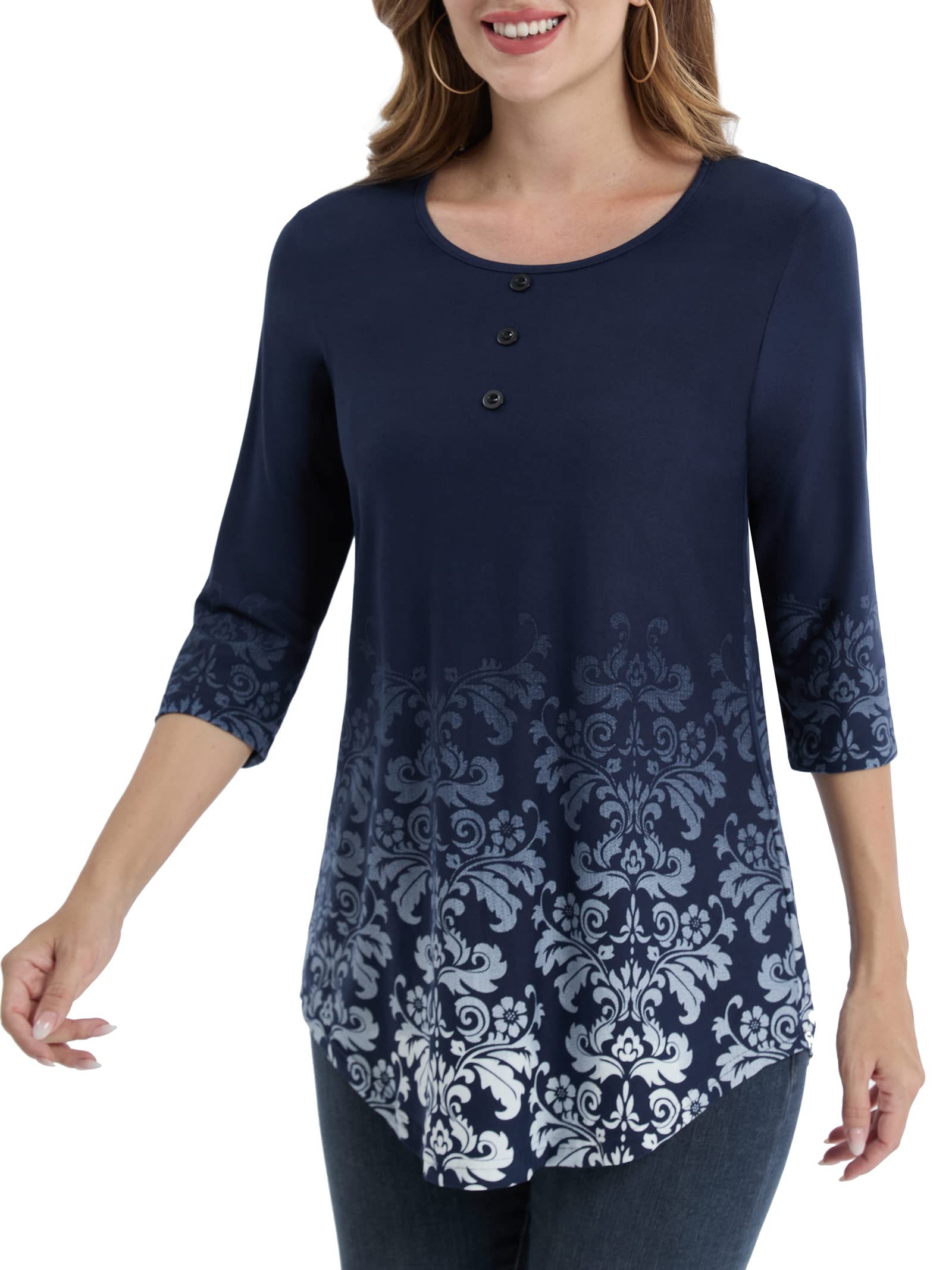 BAISHENGGT Womens Tops 3/4 Sleeve Round Neck Casual Tunic Tops Fall Fashion 2025 Dressy Casual Blouses