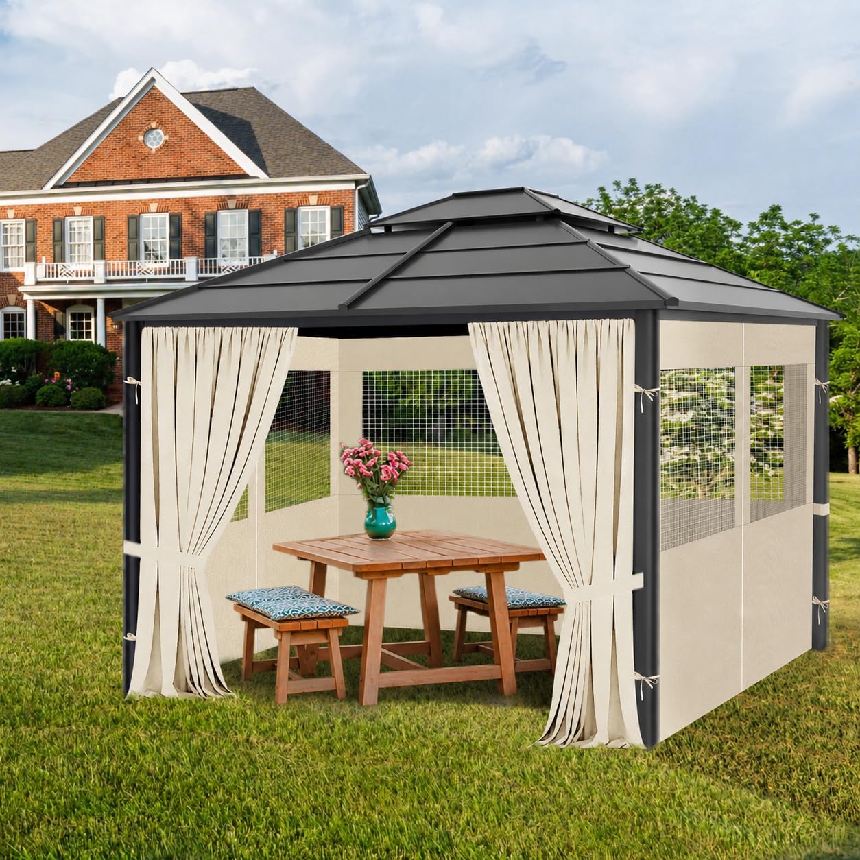 Gazebo Privacy Curtains 10' x 10' with Mosquito Windows, 4-Panels Side Wall with Zipper Universal Replacement for Patio, Outdoor Canopy, Garden and Backyard, Gray (Curtain Only)