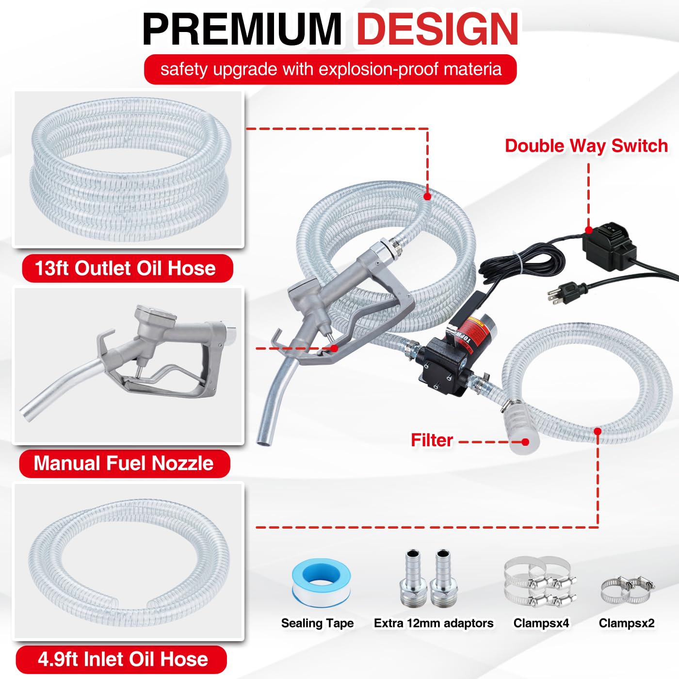 TOPWAY 12V DC Gasoline Fuel Pump 3.7GPM Self-priming Oil Transfer Pump With Handle, Reversible Pumping, Overheat Protection, Explosion-Proof, Built-in Bypass, for Gasoline Fuel Diesel Kerosene Removal