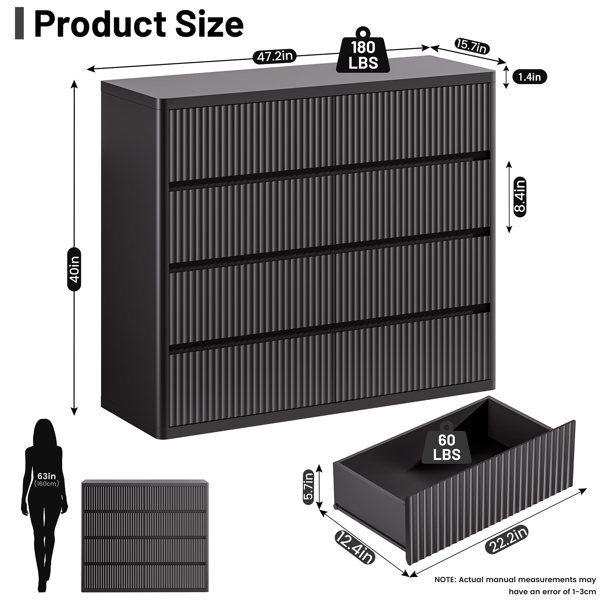 Standifurno Black 56" Tall Dresser for Bedroom, Fluted Modern 6 Drawers Deep Dressers, Wood Chest of Drawers with Handleless, Curved Profil Storage Closet Dressers for Bedroom, Living Room, Hallway