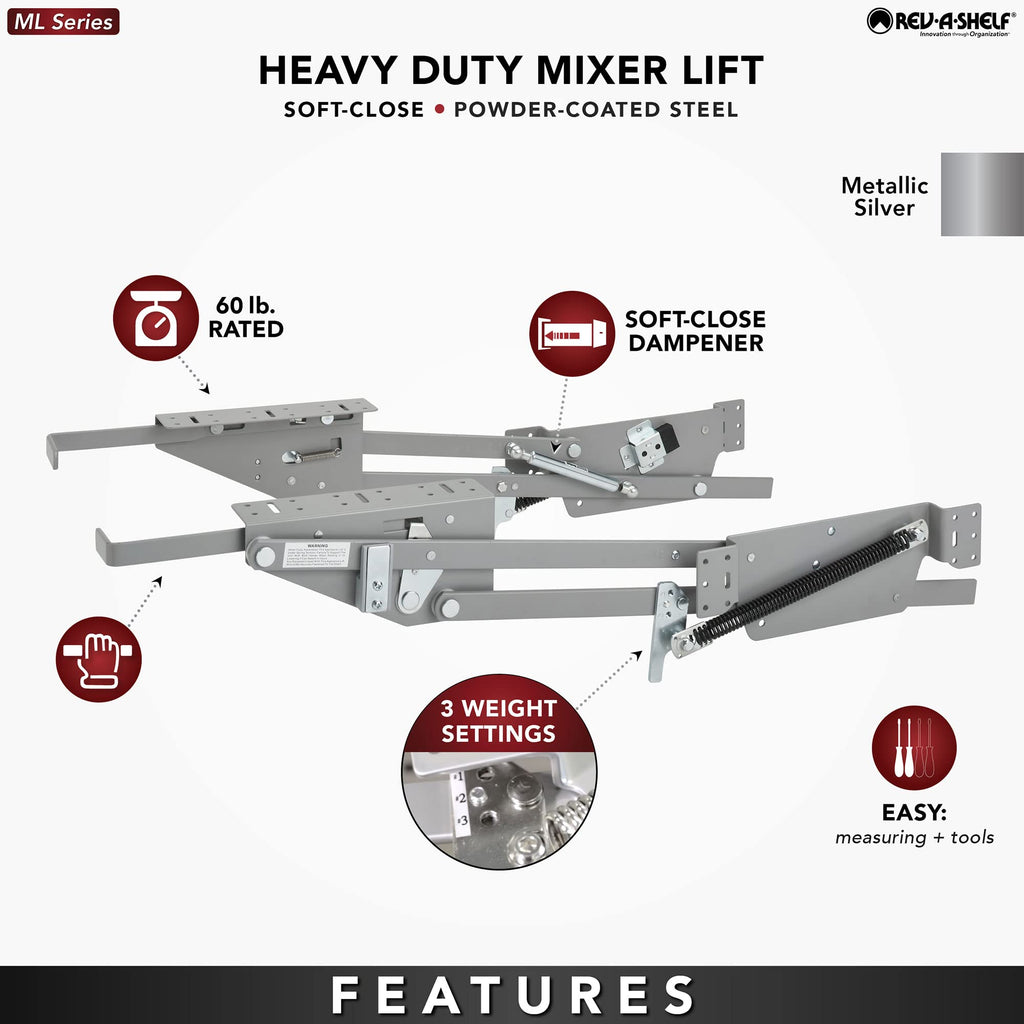 Rev-A-Shelf Heavy-Duty Stand Mixer Lift for Kitchen Base Cabinets, Zinc - Spring-Loaded Lifting System for Small Countertop Appliance Storage, Min Opening Width of 12", RAS-ML-HDCR