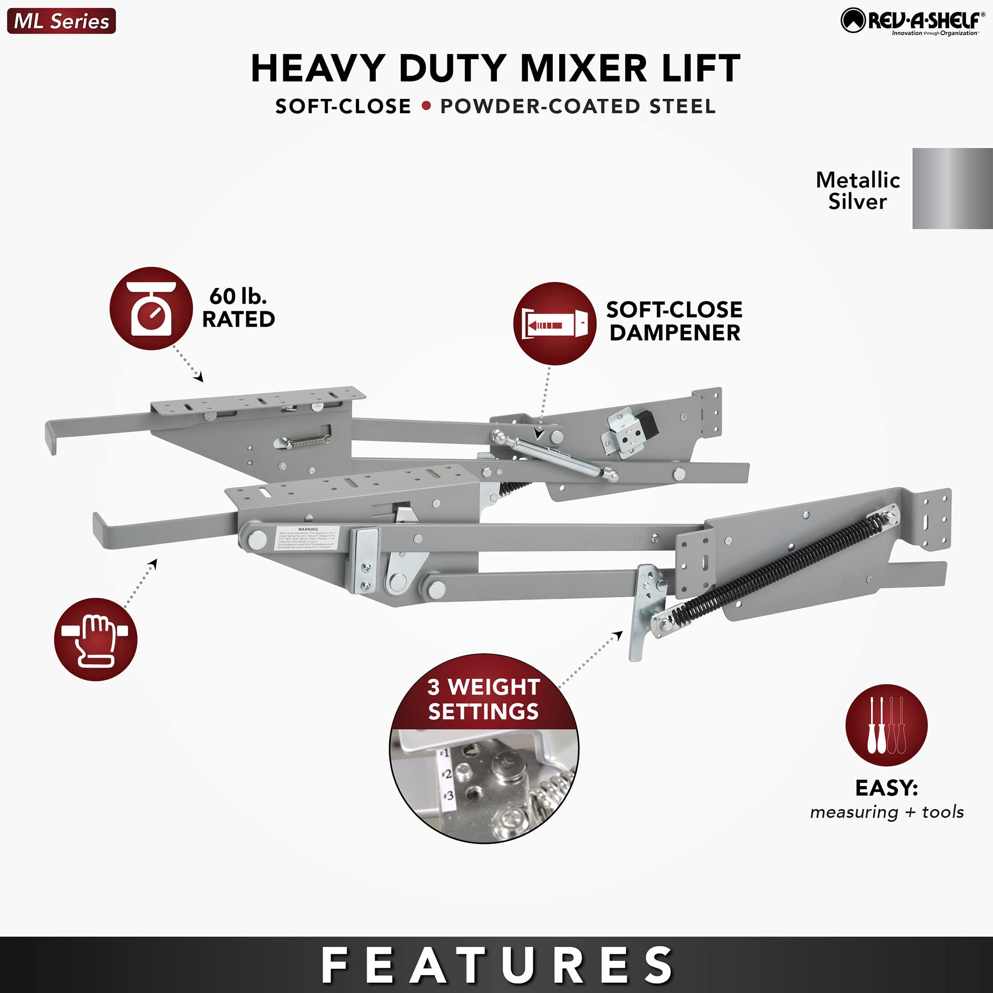 Rev-A-Shelf Heavy-Duty Stand Mixer Lift for Kitchen Base Cabinets, Zinc - Spring-Loaded Lifting System for Small Countertop Appliance Storage, Min Opening Width of 12", RAS-ML-HDCR