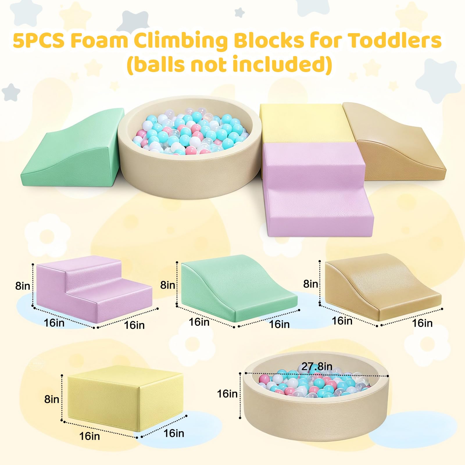 Foam Climbing Blocks for Toddler: with 4-Piece PU Leather Climbing Toys and a Ball Pit - Foam Ball Pit for Toddlers - Climbing Toys Indoor for Kids Crawling (Beige/Ivory Climbing Blocks)
