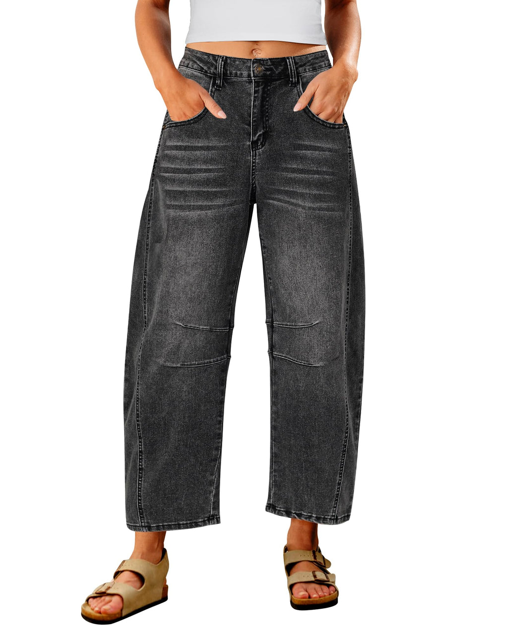 Utyful Barrel Jeans Women Cropped Baggy Trendy High Waisted Distressed Loose Stretch Denim Trouser Jeans with Pockets