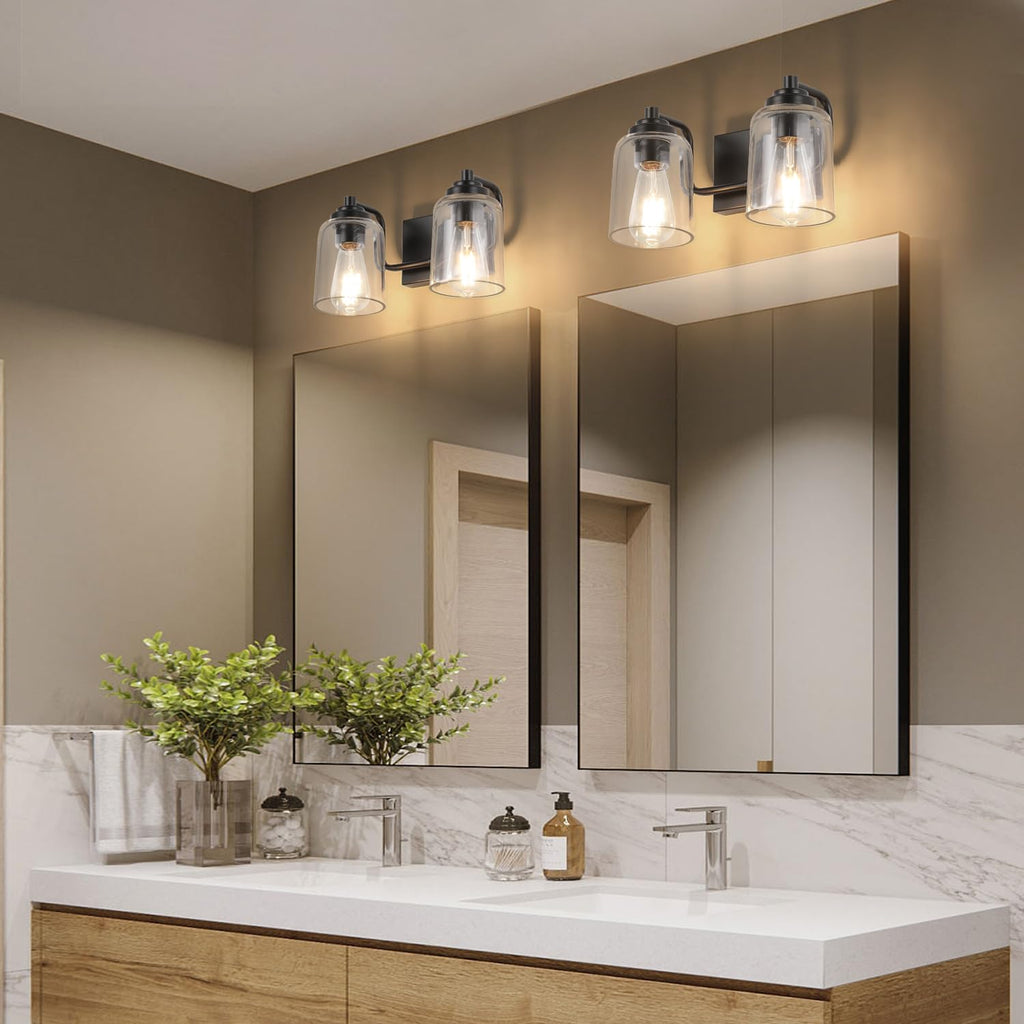 SOLFART 20.1 Inch Black Vintage Bathroom Vanity Light Fixtures Fixtures with Modern Glass Globe Shade Metal Brass Wall Lamp 2 Lights