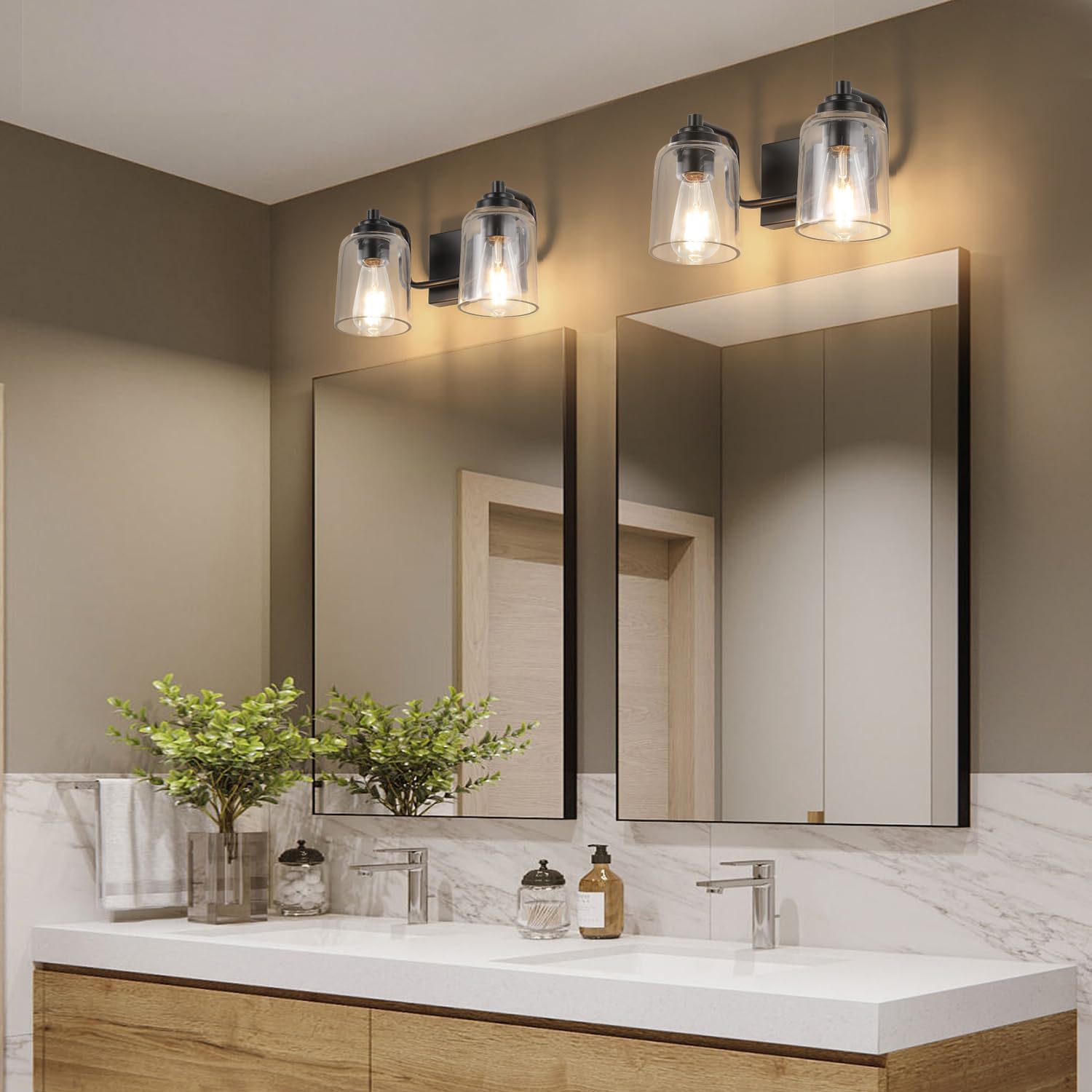 SOLFART 20.1 Inch Black Vintage Bathroom Vanity Light Fixtures Fixtures with Modern Glass Globe Shade Metal Brass Wall Lamp 2 Lights