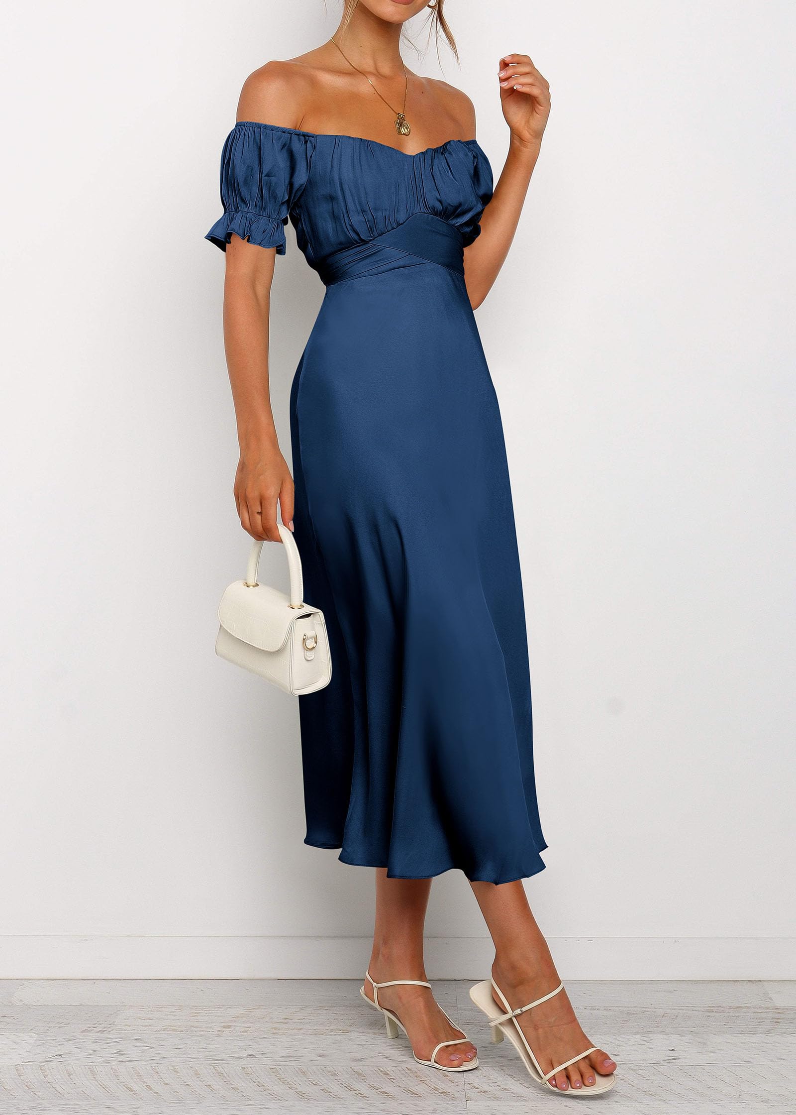 KIRUNDO Women's 2026 Spring Summer Satin Wedding Guest Midi Dress Off The Shoulder Wrap Party Cocktail Formal Prom Dresses