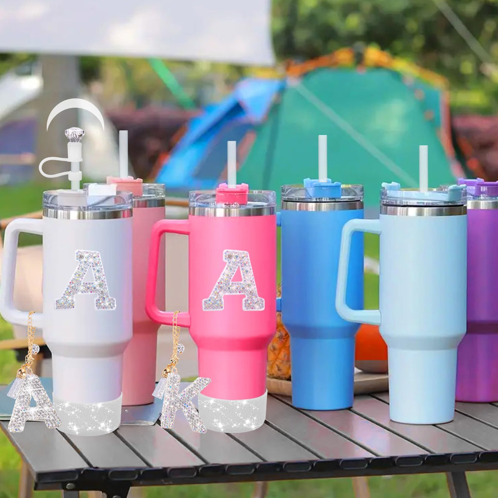 Mity rain Accessories Set for Stanley Cup, Initials Decorations for Tumbler Cup 30/40OZ, Including Diamond Straw Topper/Spill Proof Stopper/Sparkly Silicone Boot Set/Letter Charms for Handle A-Z (A-)