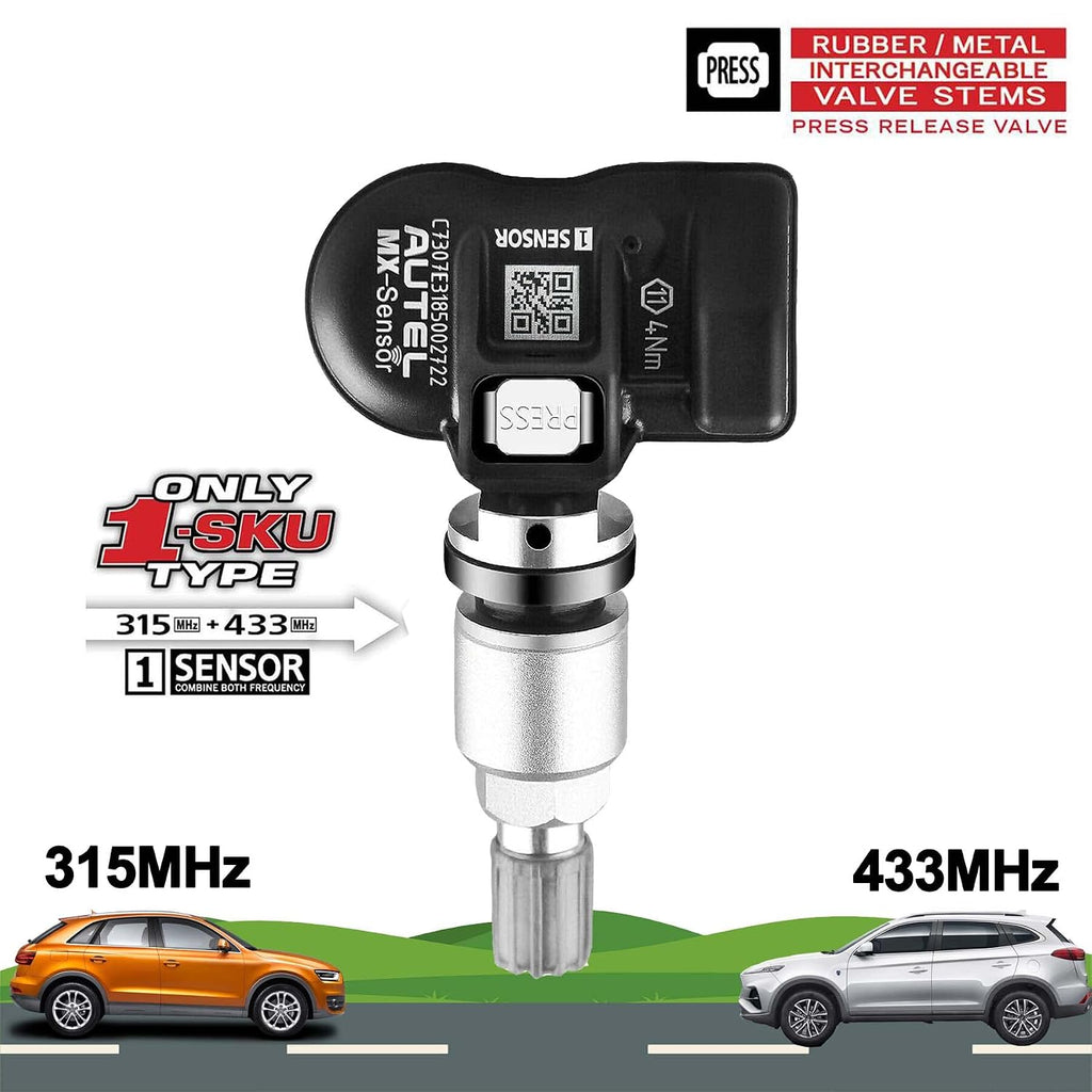 Autel TPMS Sensors Set of 4, Programmable Mx Sensor for Tire Pressure,315MHz + 433MHz Press-in OE-Level(Metal valves) Programmed by TS408S TS508WF TS601 TS900 MS906TS ITS600