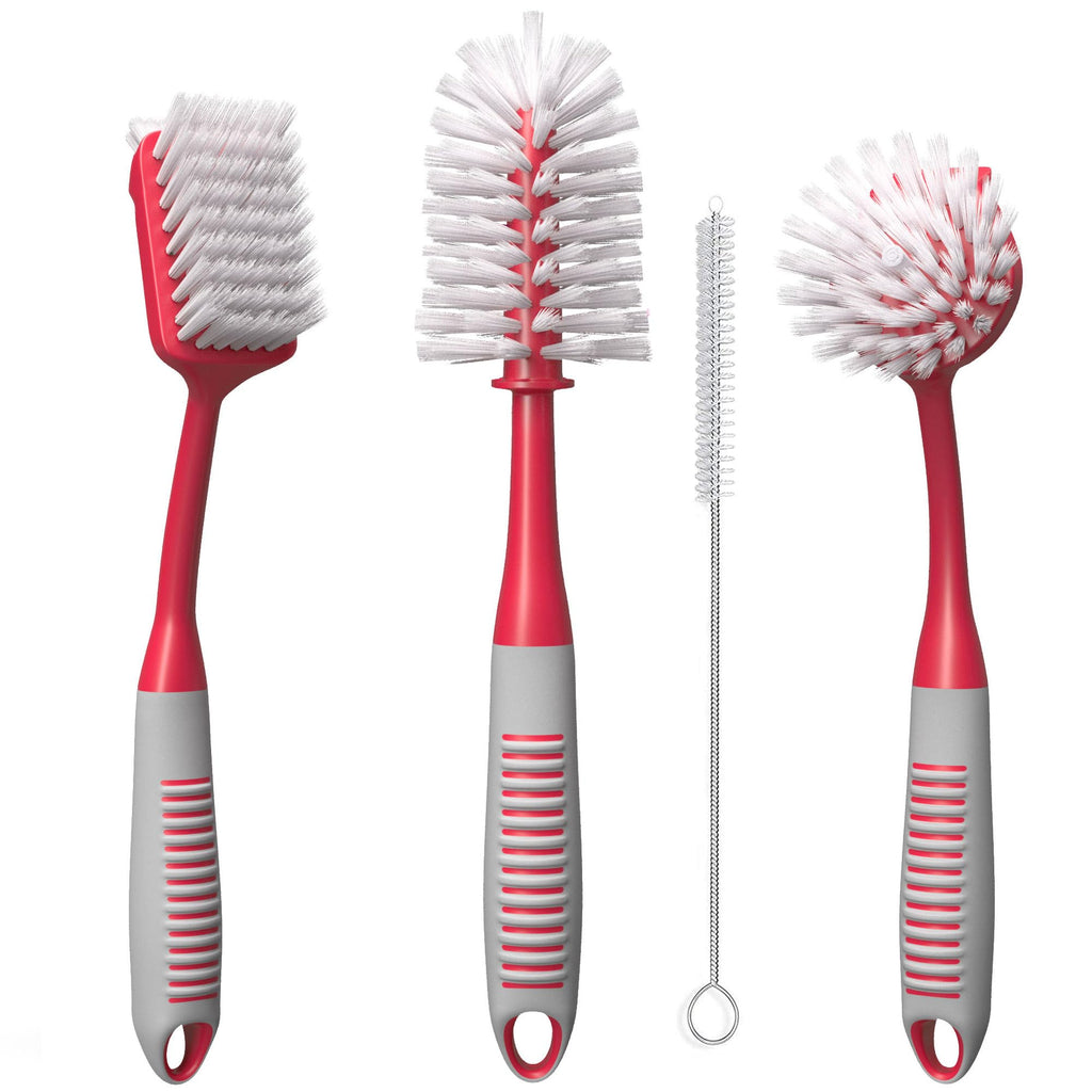 Dish Brush Set of 5 with Holder - Kitchen Scrub Brushes with Non-Slip Long Handle for Cleaning, Scrubber, Dishwashing, Dishes, Bottles, Straws, Cups, Pots & Sink, Baige
